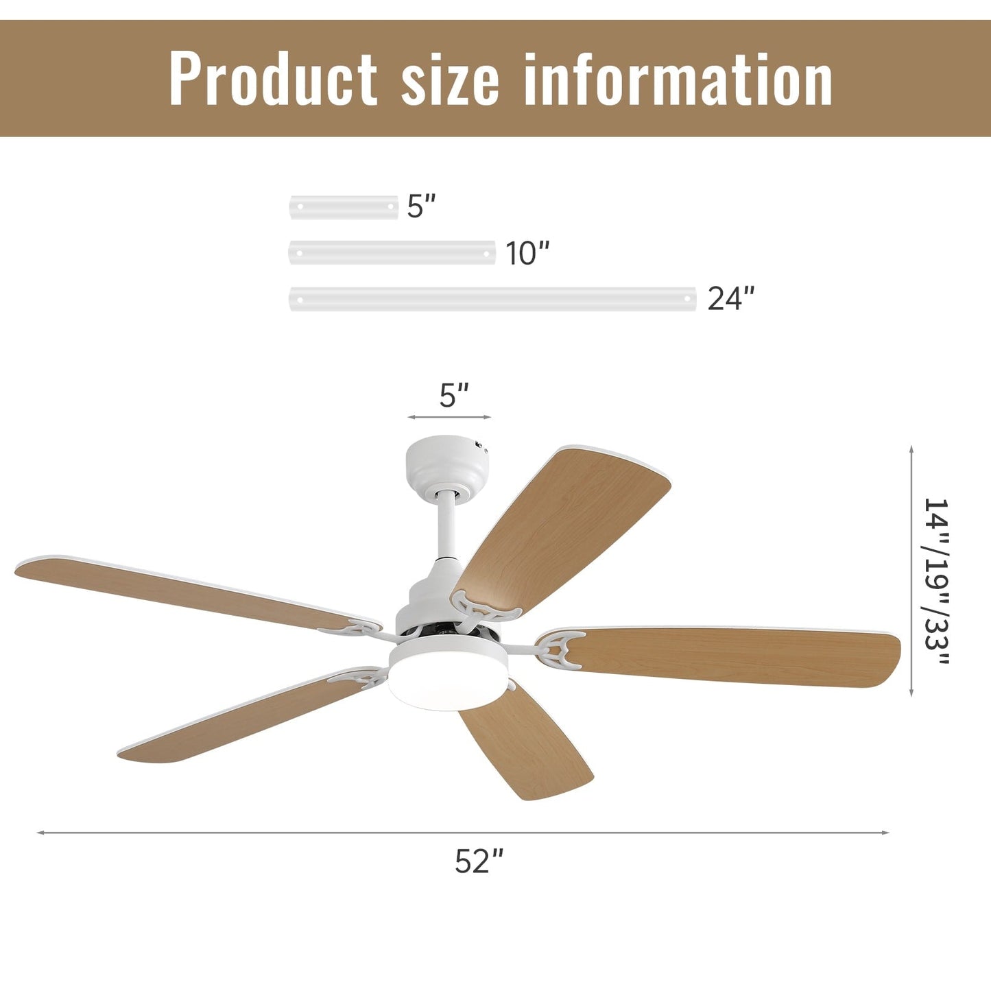 Ventilateur de plafond à LED intégré de 48 et 52 pouces avec lumière et télécommande, moteur à courant continu réversible.