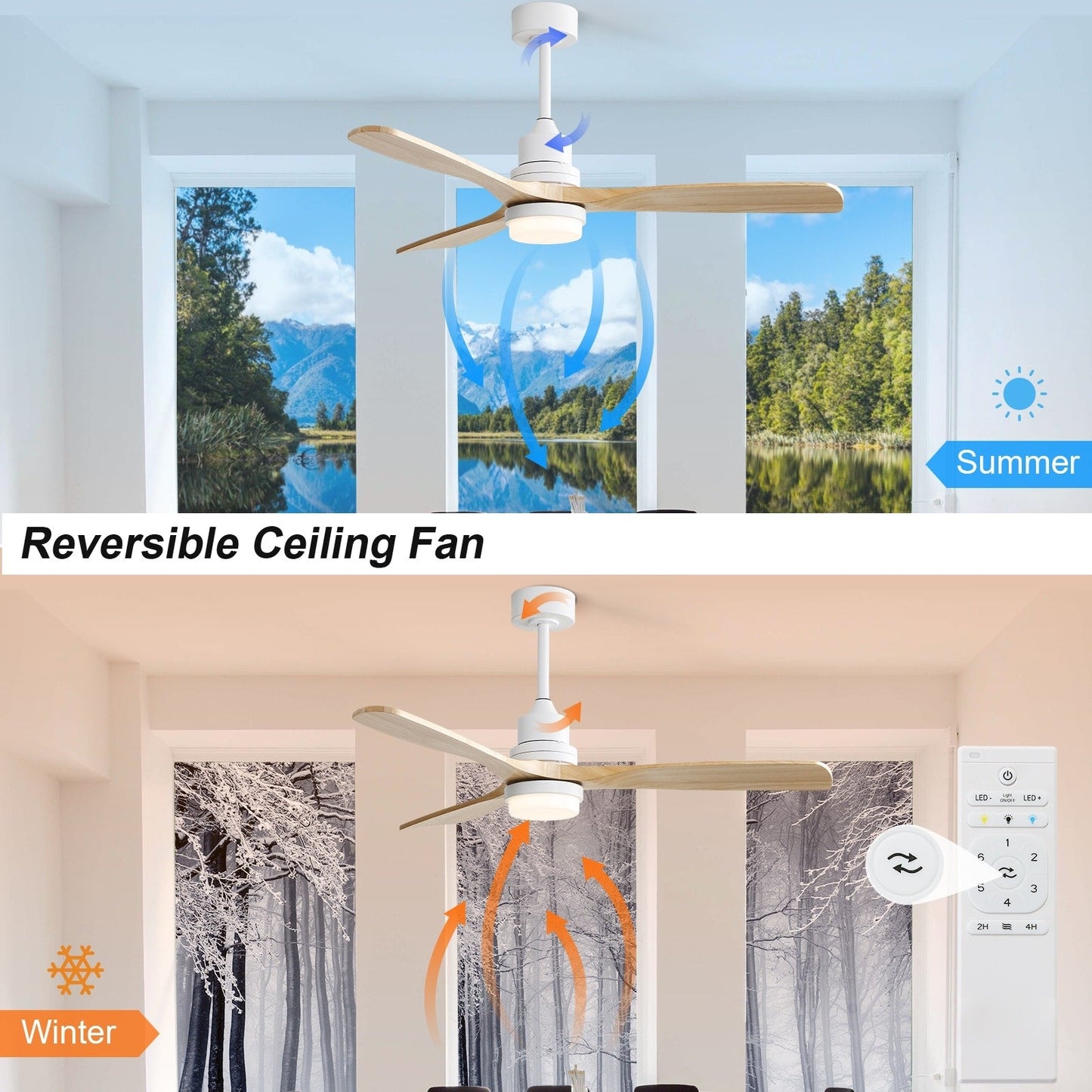 Ventilateur de plafond à LED intégré de 48 et 52 pouces avec lumière et télécommande, moteur à courant continu réversible.