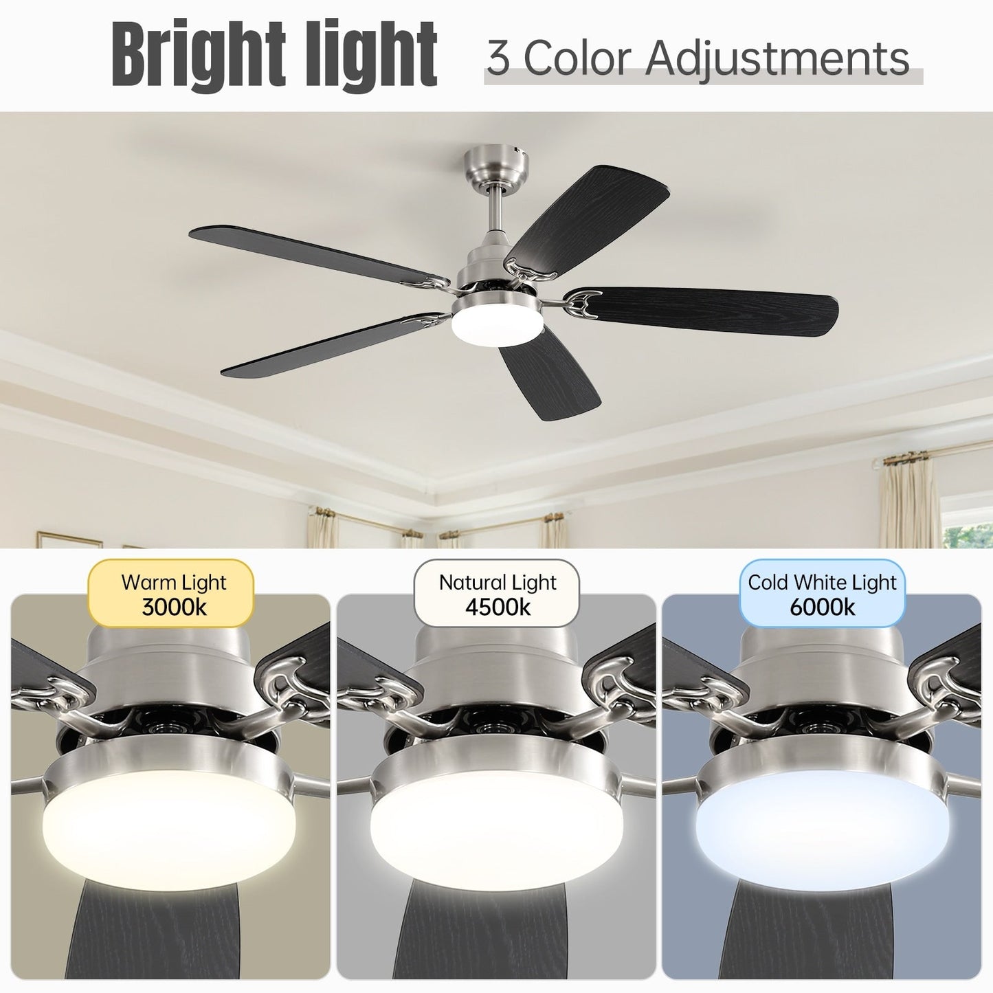Ventilateur de plafond à LED intégré de 48 et 52 pouces avec lumière et télécommande, moteur à courant continu réversible.