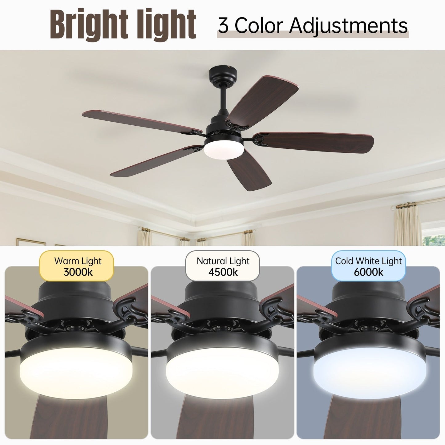 Ventilateur de plafond à LED intégré de 48 et 52 pouces avec lumière et télécommande, moteur à courant continu réversible.