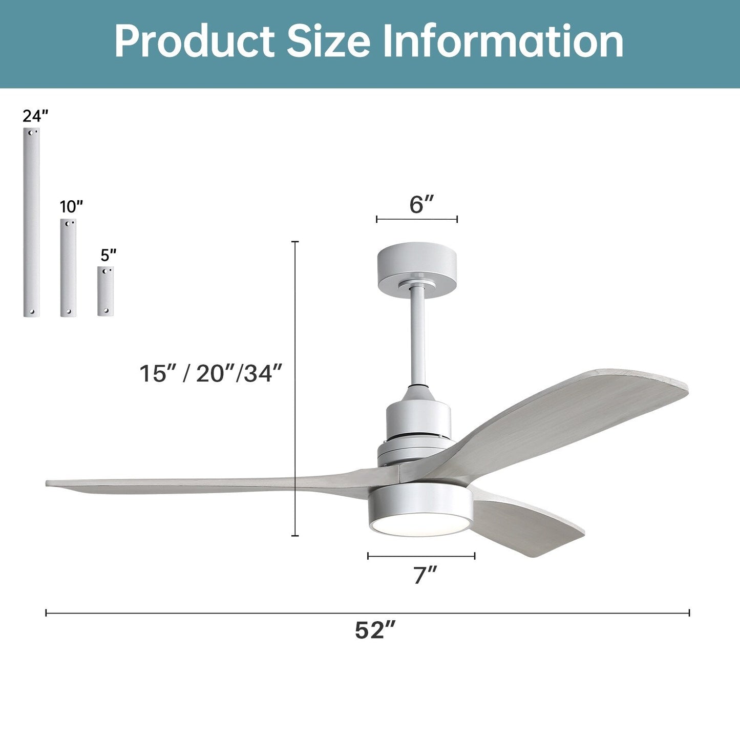 Ventilateur de plafond à LED intégré de 48 et 52 pouces avec lumière et télécommande, moteur à courant continu réversible.