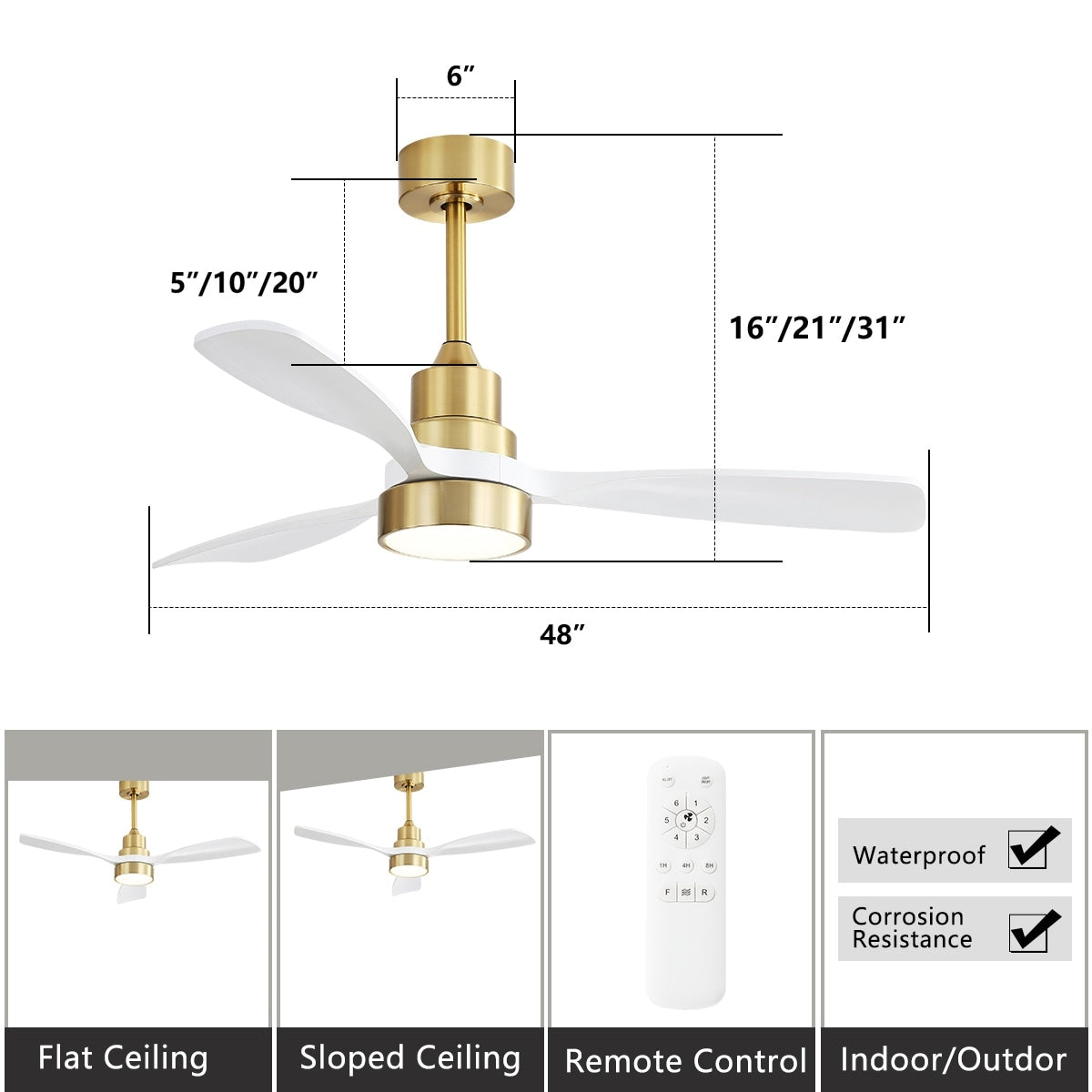 Ventilateur de plafond à LED intégré de 48 et 52 pouces avec lumière et télécommande, moteur à courant continu réversible.