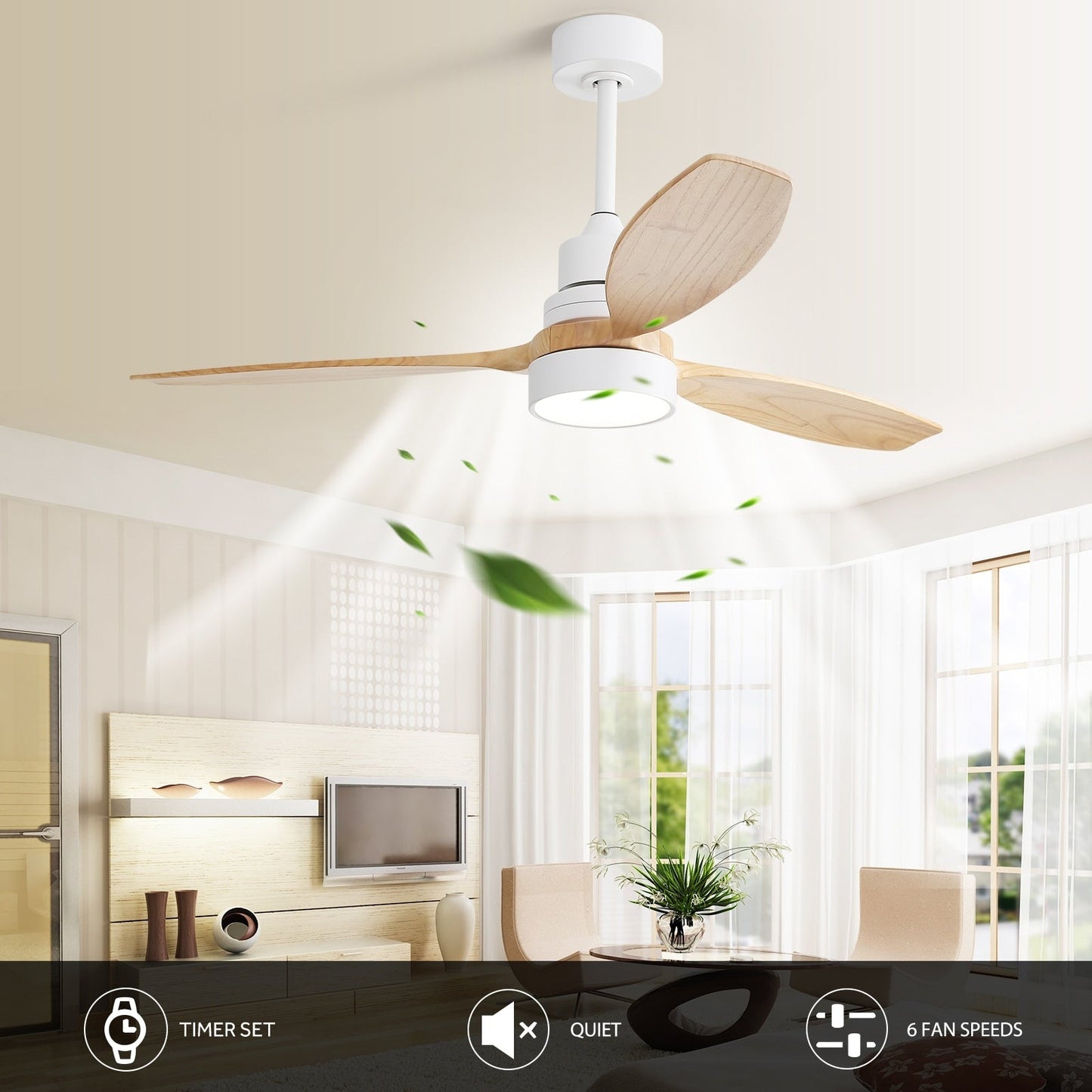 Ventilateur de plafond à LED intégré de 48 et 52 pouces avec lumière et télécommande, moteur à courant continu réversible.