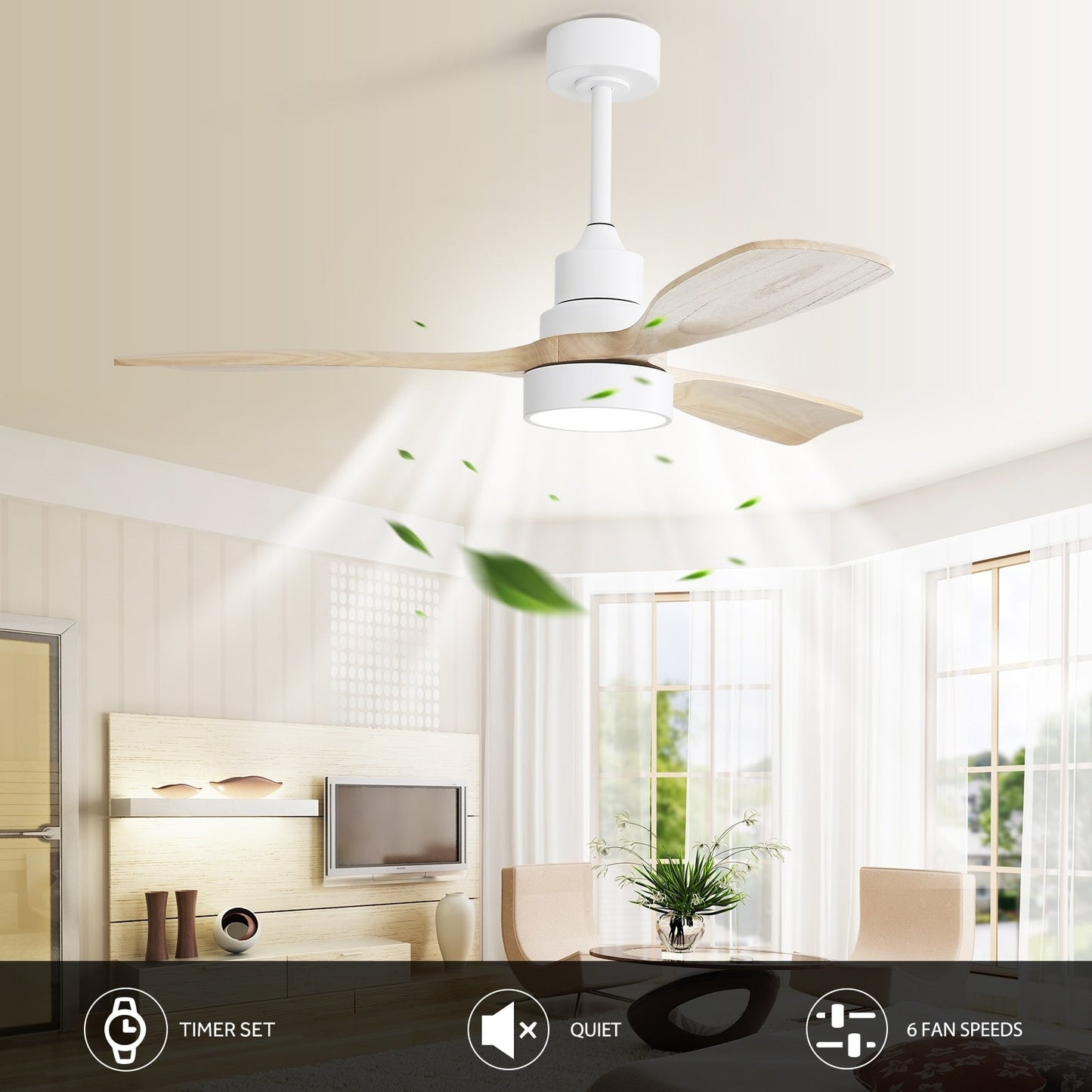 Ventilateur de plafond à LED intégré de 48 et 52 pouces avec lumière et télécommande, moteur à courant continu réversible.