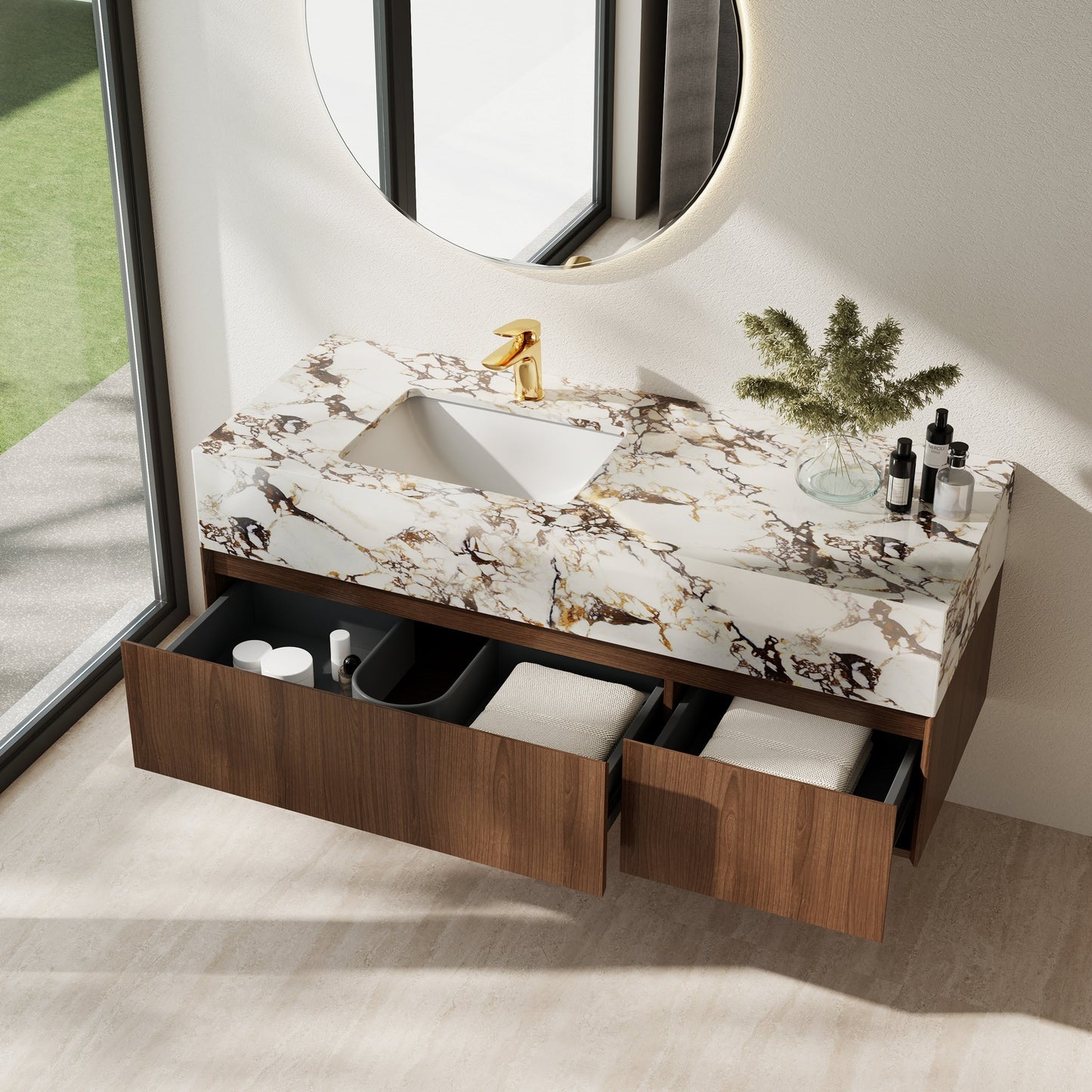 Meubles-lavabos de salle de bain simples modernes de 48 pouces, avec dessus en faux marbre brillant, en bois massif.