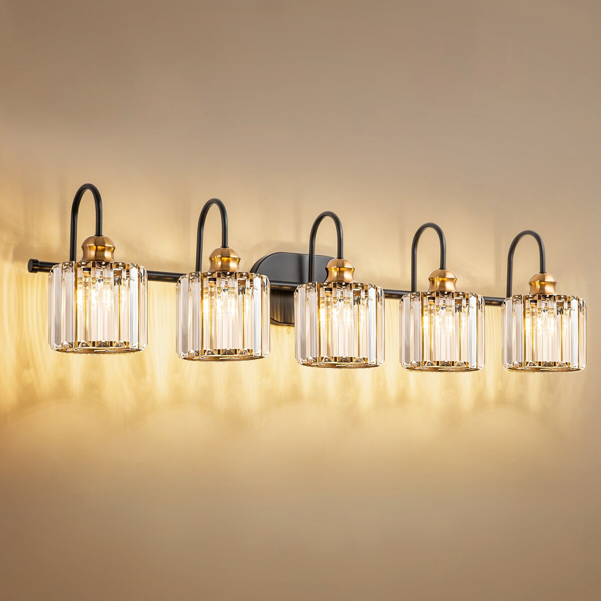 Ensemble de 5 luminaires linéaires à effet glamour, à intensité variable, avec abat-jour en cristal cylindrique pour salle de bain.