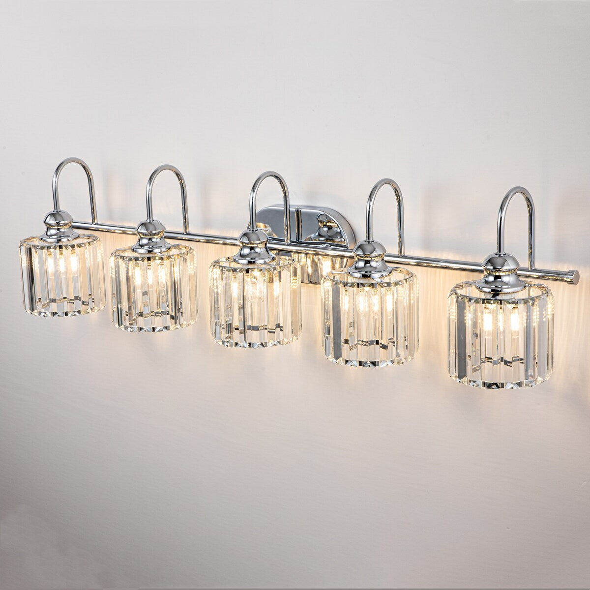 Ensemble de 5 luminaires linéaires à effet glamour, à intensité variable, avec abat-jour en cristal cylindrique pour salle de bain.