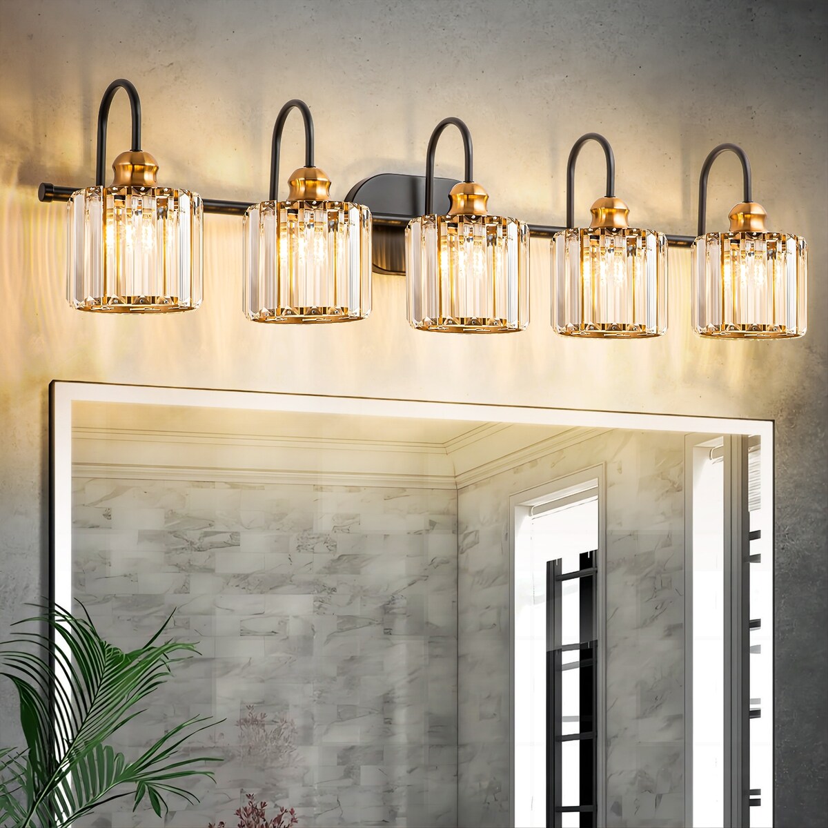 Ensemble de 5 luminaires linéaires à effet glamour, à intensité variable, avec abat-jour en cristal cylindrique pour salle de bain.