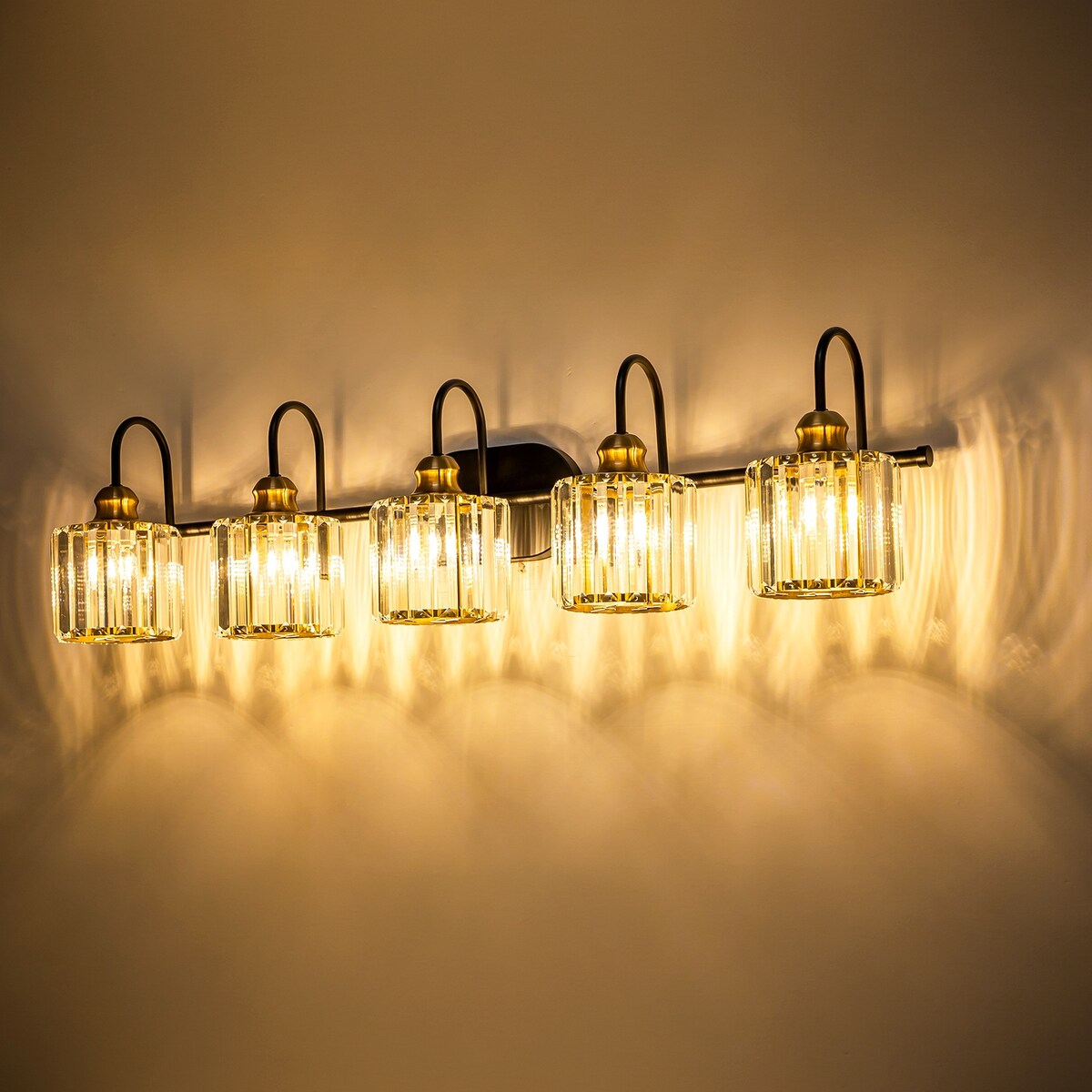 Ensemble de 5 luminaires linéaires à effet glamour, à intensité variable, avec abat-jour en cristal cylindrique pour salle de bain.