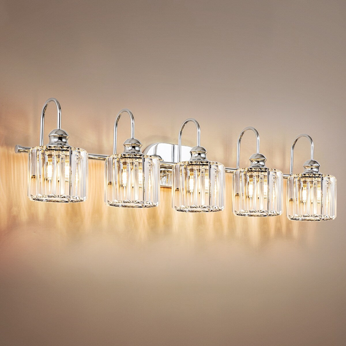 Ensemble de 5 luminaires linéaires à effet glamour, à intensité variable, avec abat-jour en cristal cylindrique pour salle de bain.
