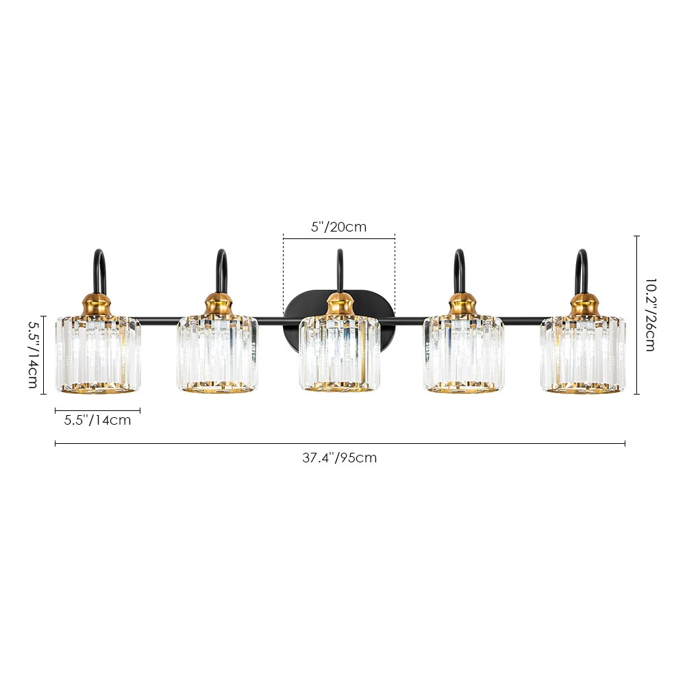 Ensemble de 5 luminaires linéaires à effet glamour, à intensité variable, avec abat-jour en cristal cylindrique pour salle de bain.