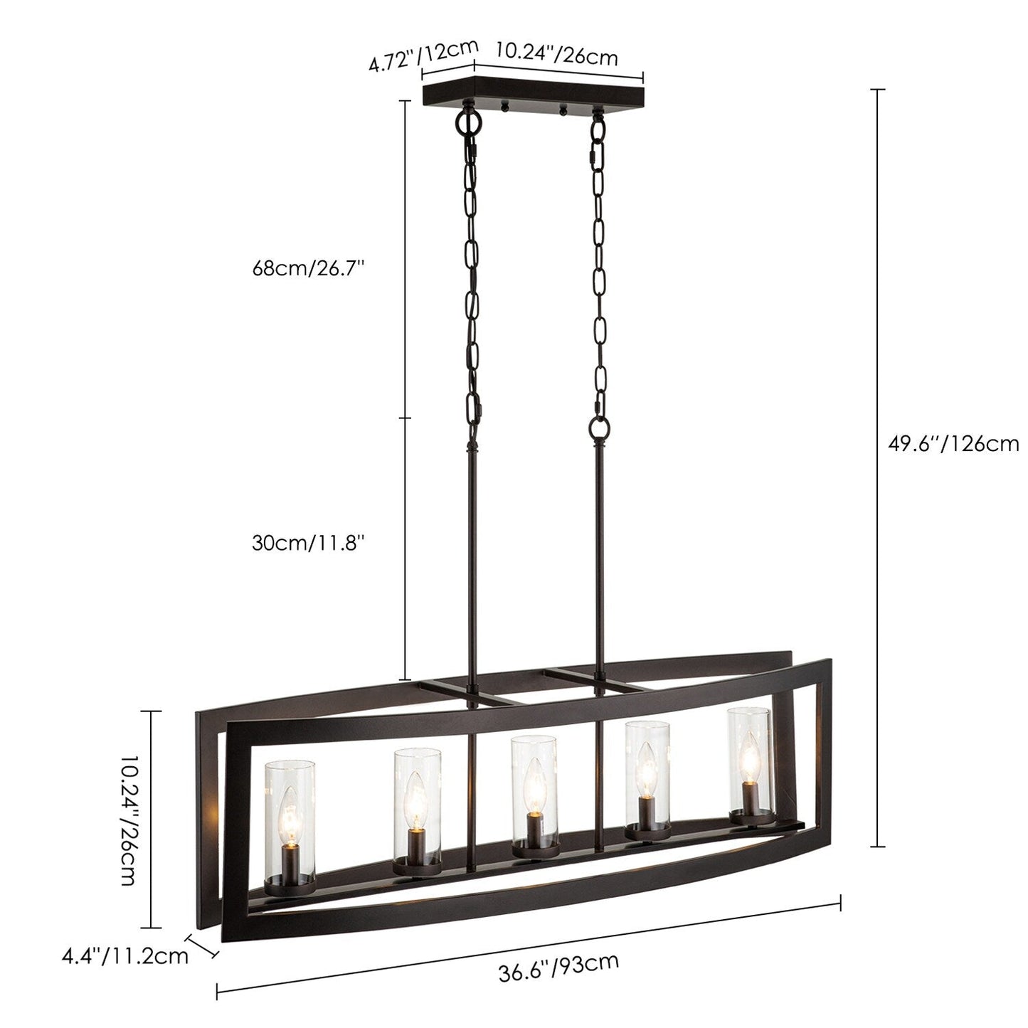 Luminaires suspendus industriels modernes à 5 lumières, style linéaire, pour salle à manger, style farmhouse, avec abat-jour cylindrique en verre transparent, pour îlot de cuisine.
