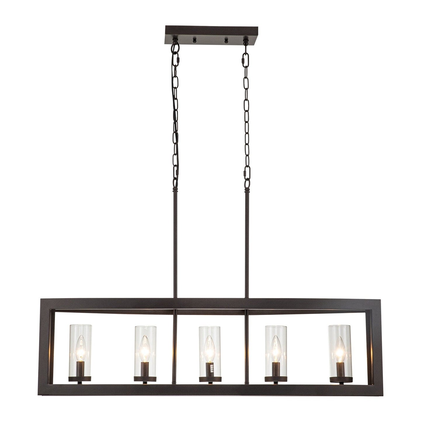 Luminaires suspendus industriels modernes à 5 lumières, style linéaire, pour salle à manger, style farmhouse, avec abat-jour cylindrique en verre transparent, pour îlot de cuisine.