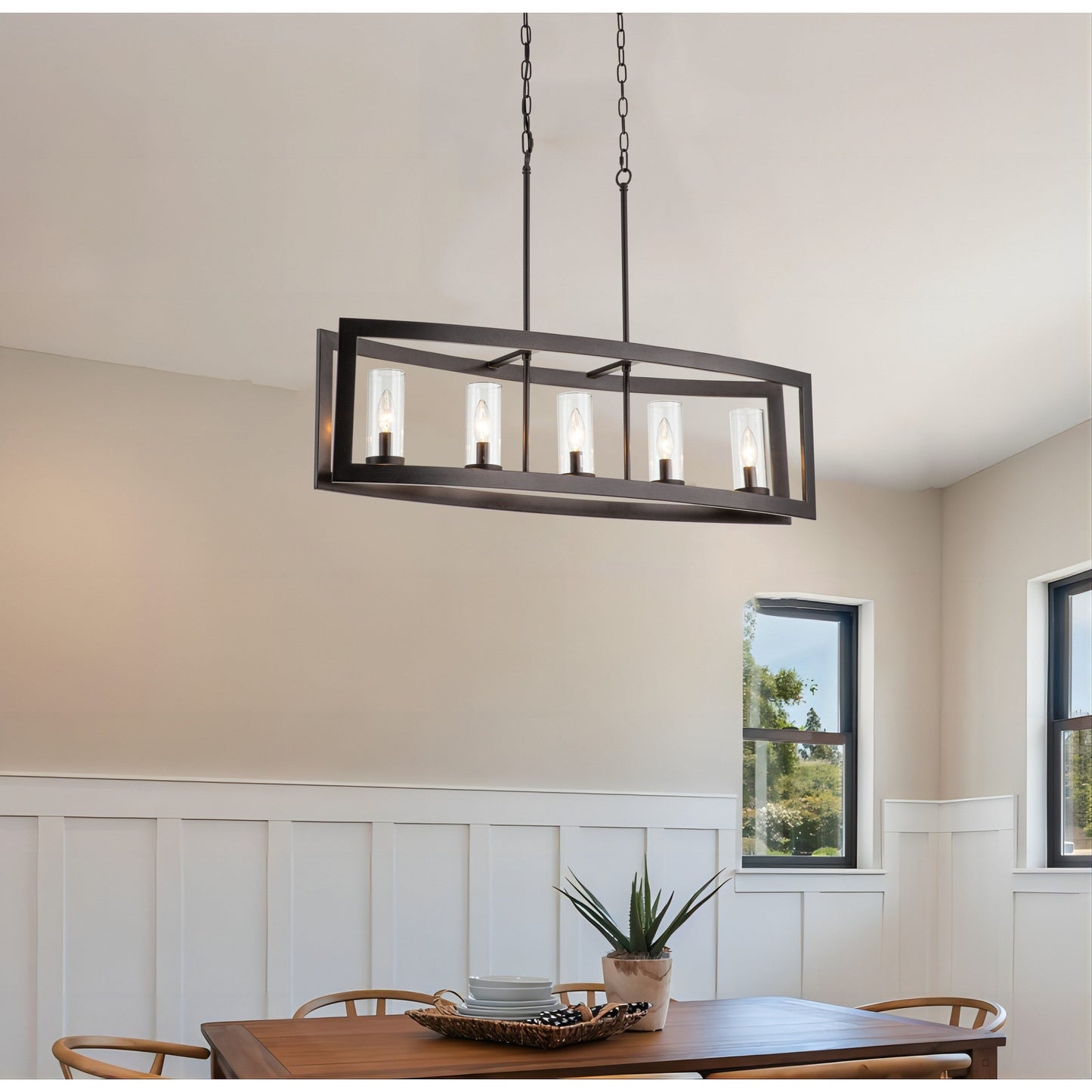 Luminaires suspendus industriels modernes à 5 lumières, style linéaire, pour salle à manger, style farmhouse, avec abat-jour cylindrique en verre transparent, pour îlot de cuisine.