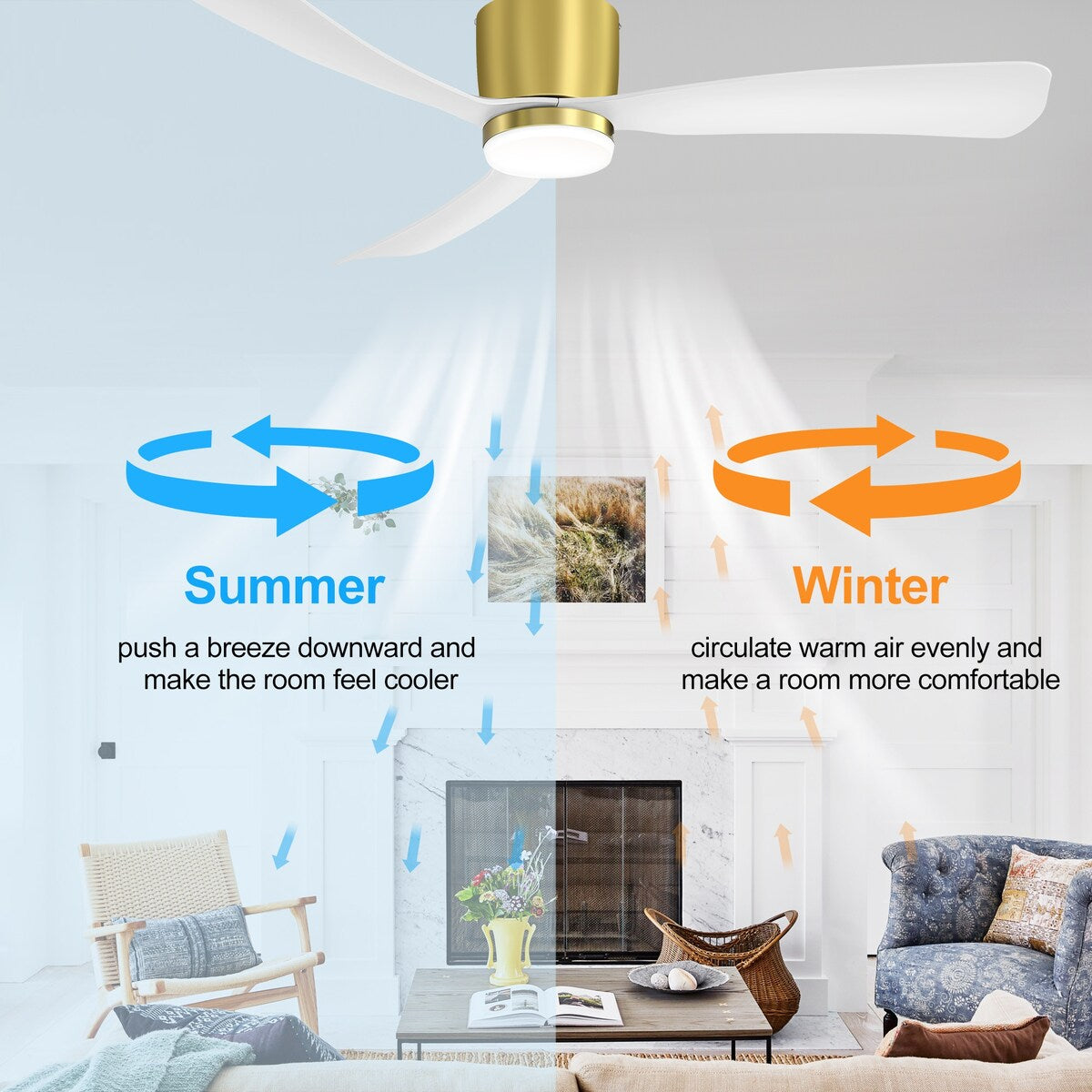 Ventilateur de plafond LED à montage encastré de 52 pouces noir/blanc avec éclairage et télécommande (3 pales)
