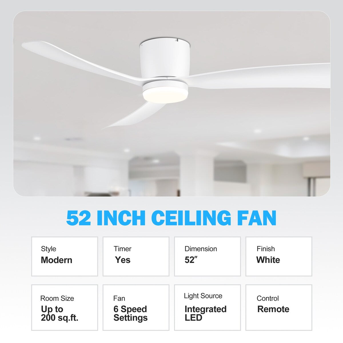 Ventilateur de plafond LED à montage encastré de 52 pouces noir/blanc avec éclairage et télécommande (3 pales)