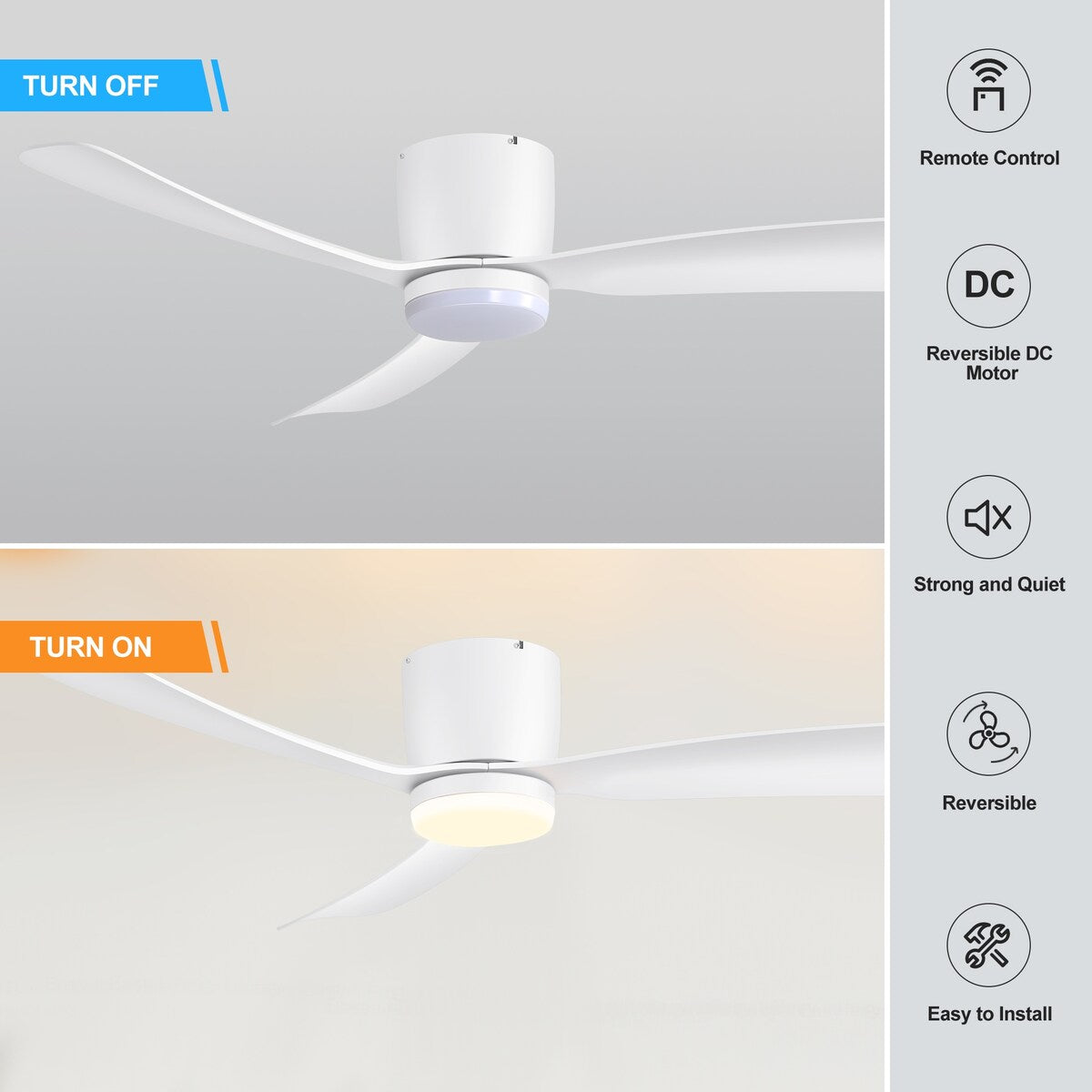 Ventilateur de plafond LED à montage encastré de 52 pouces noir/blanc avec éclairage et télécommande (3 pales)