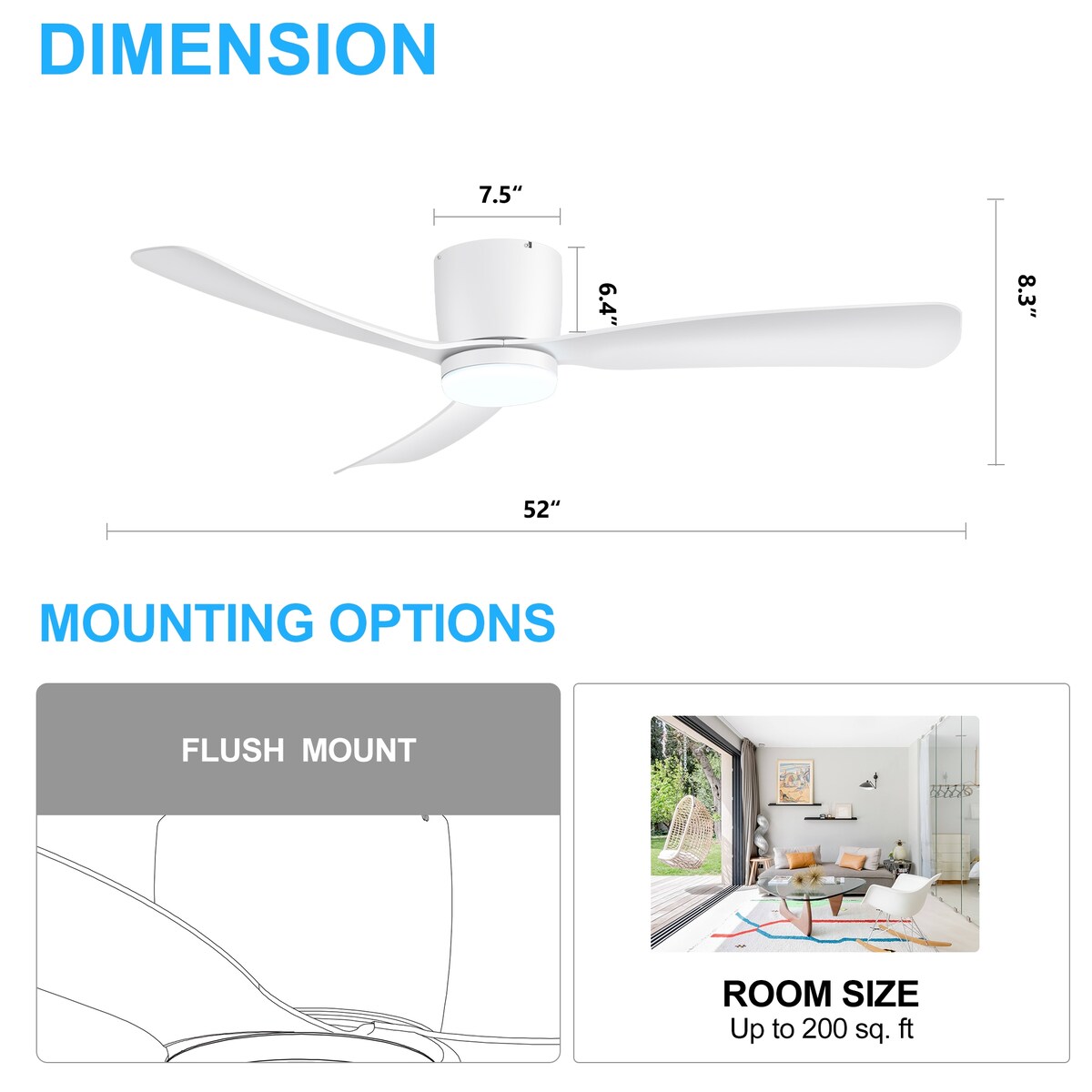Ventilateur de plafond LED à montage encastré de 52 pouces noir/blanc avec éclairage et télécommande (3 pales)