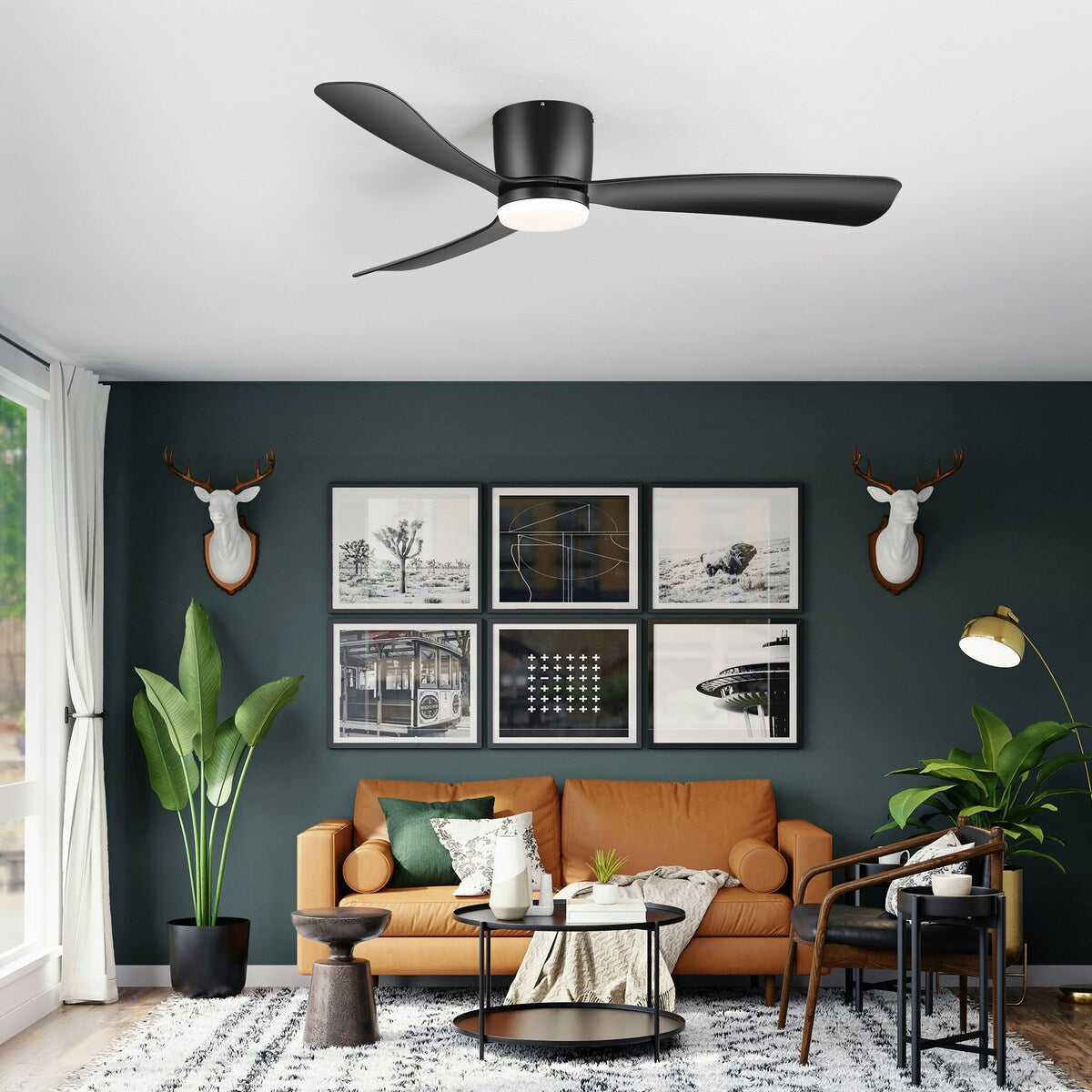 Ventilateur de plafond LED à montage encastré de 52 pouces noir/blanc avec éclairage et télécommande (3 pales)