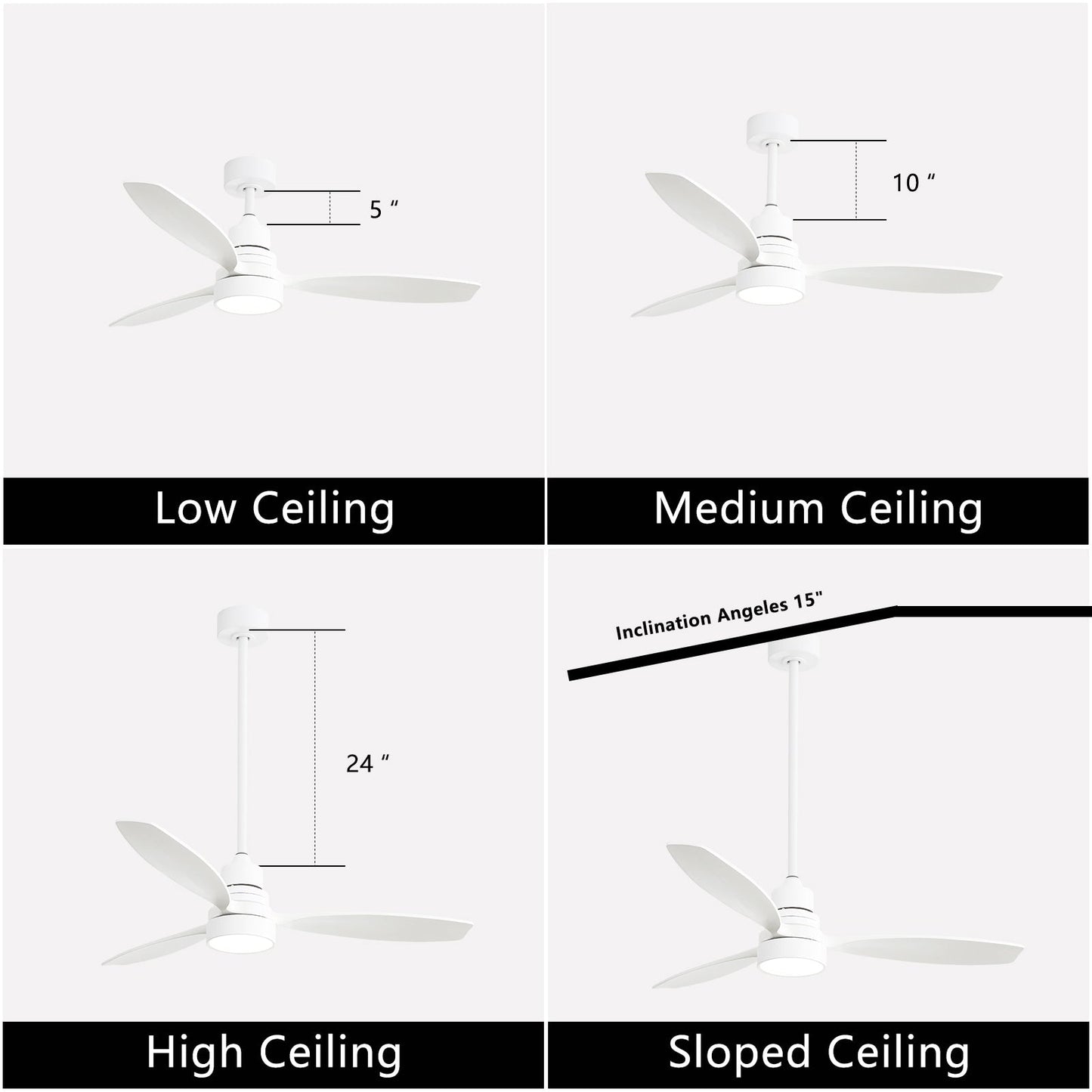 Ventilateur de plafond à LED intégré de 48 et 52 pouces avec lumière et télécommande, moteur à courant continu réversible.