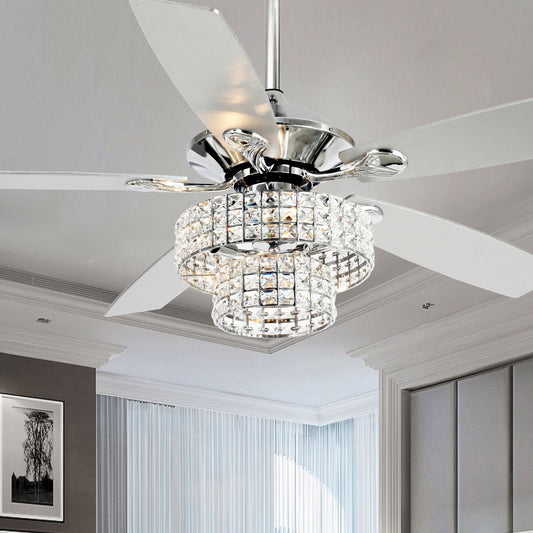 Ventilateur de plafond moderne à 5 pales en chrome et bois de 52 pouces avec télécommande et cristaux.