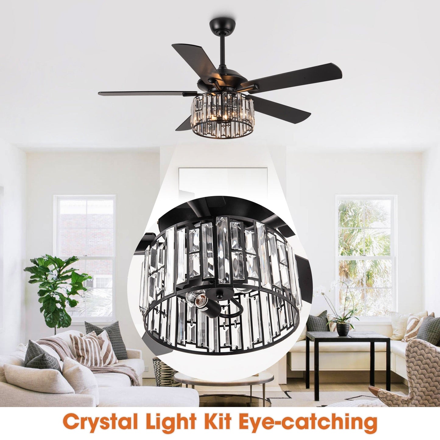 Ventilateur de plafond avec luminaire à cristaux, style moderne, en bois noir, 52 pouces, avec télécommande.
