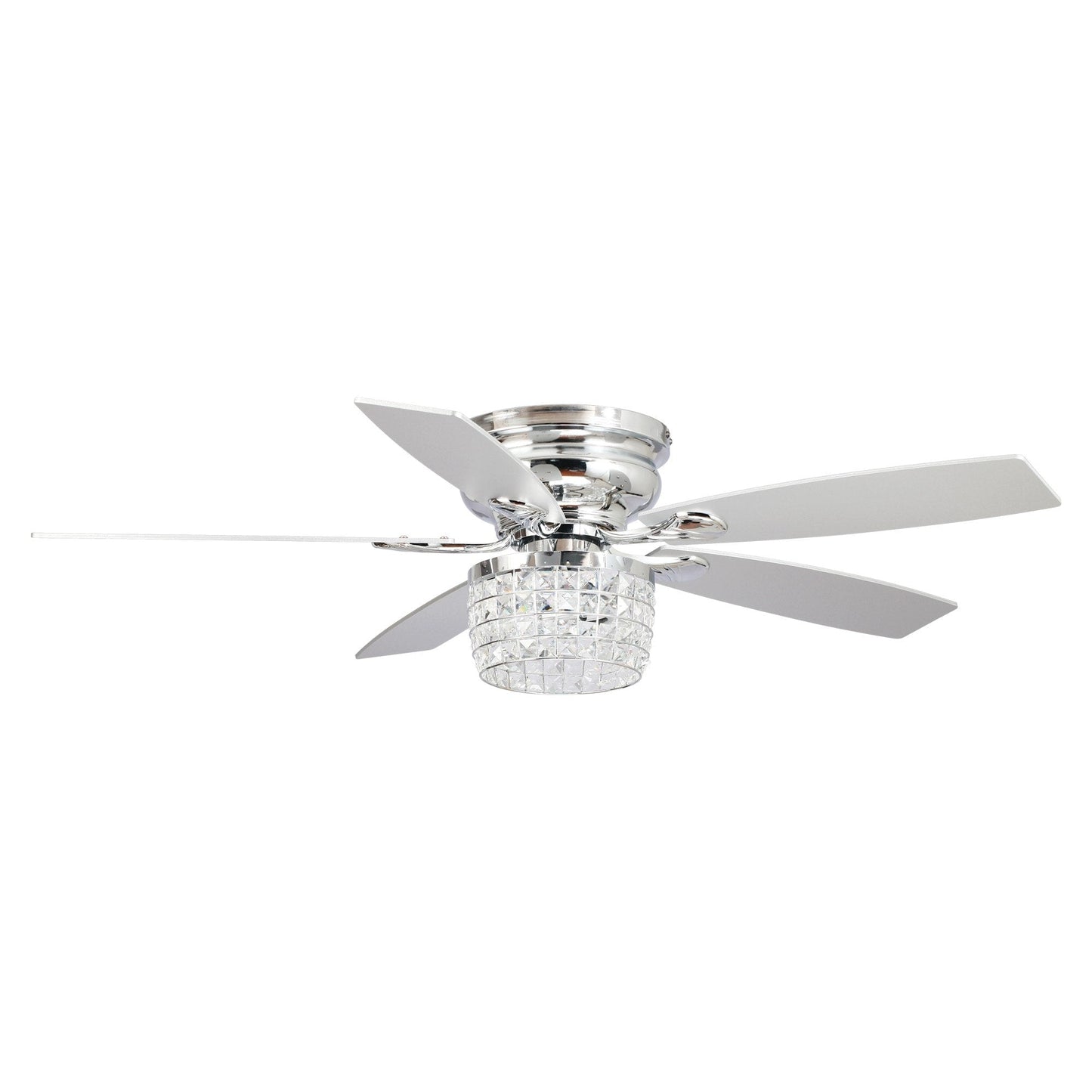Ventilateur de plafond à 52 pales en cristal chromé, à montage encastré, avec kit d'éclairage et télécommande.