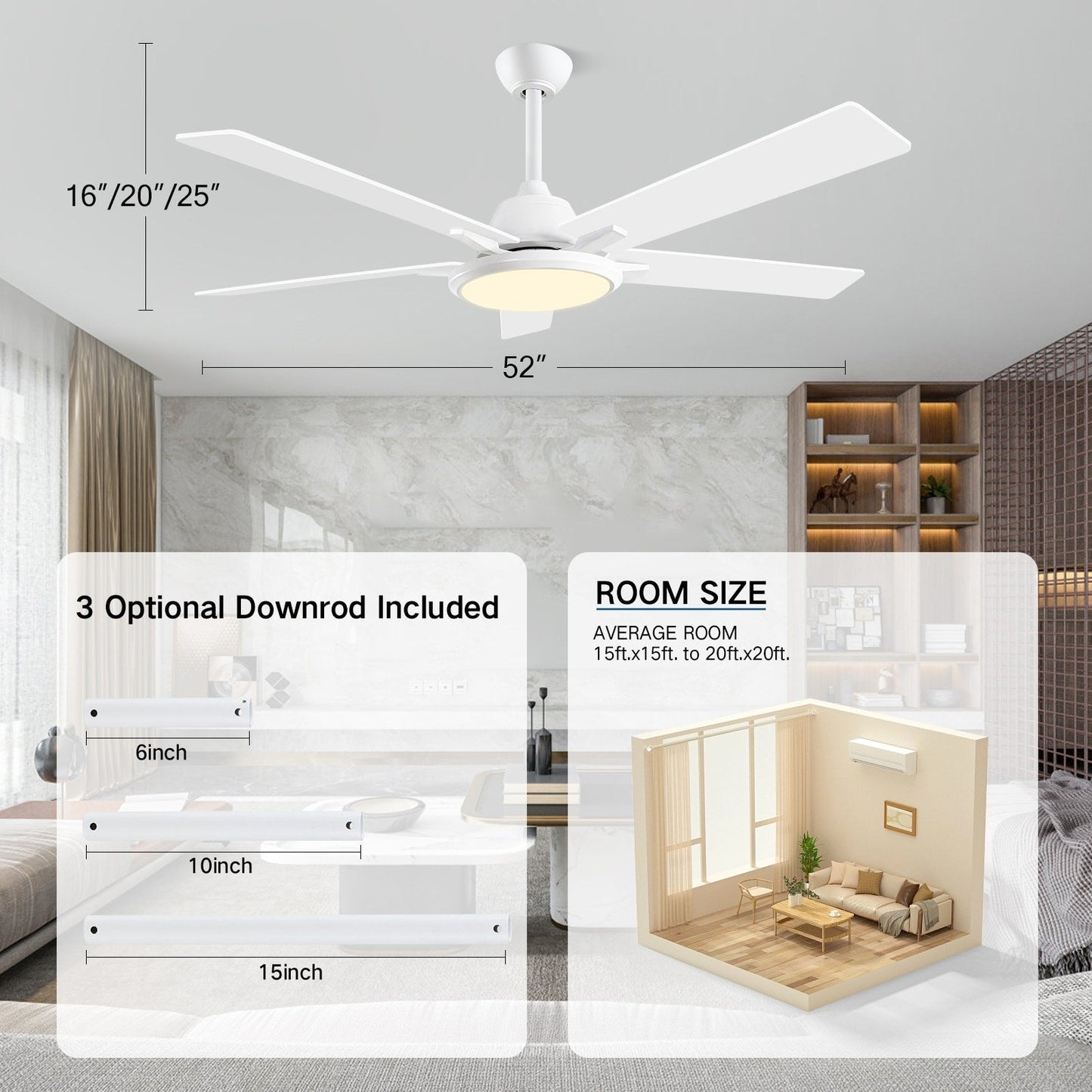 52 Ventilateurs de plafond modernes avec lumières et télécommande, LED à intensité variable