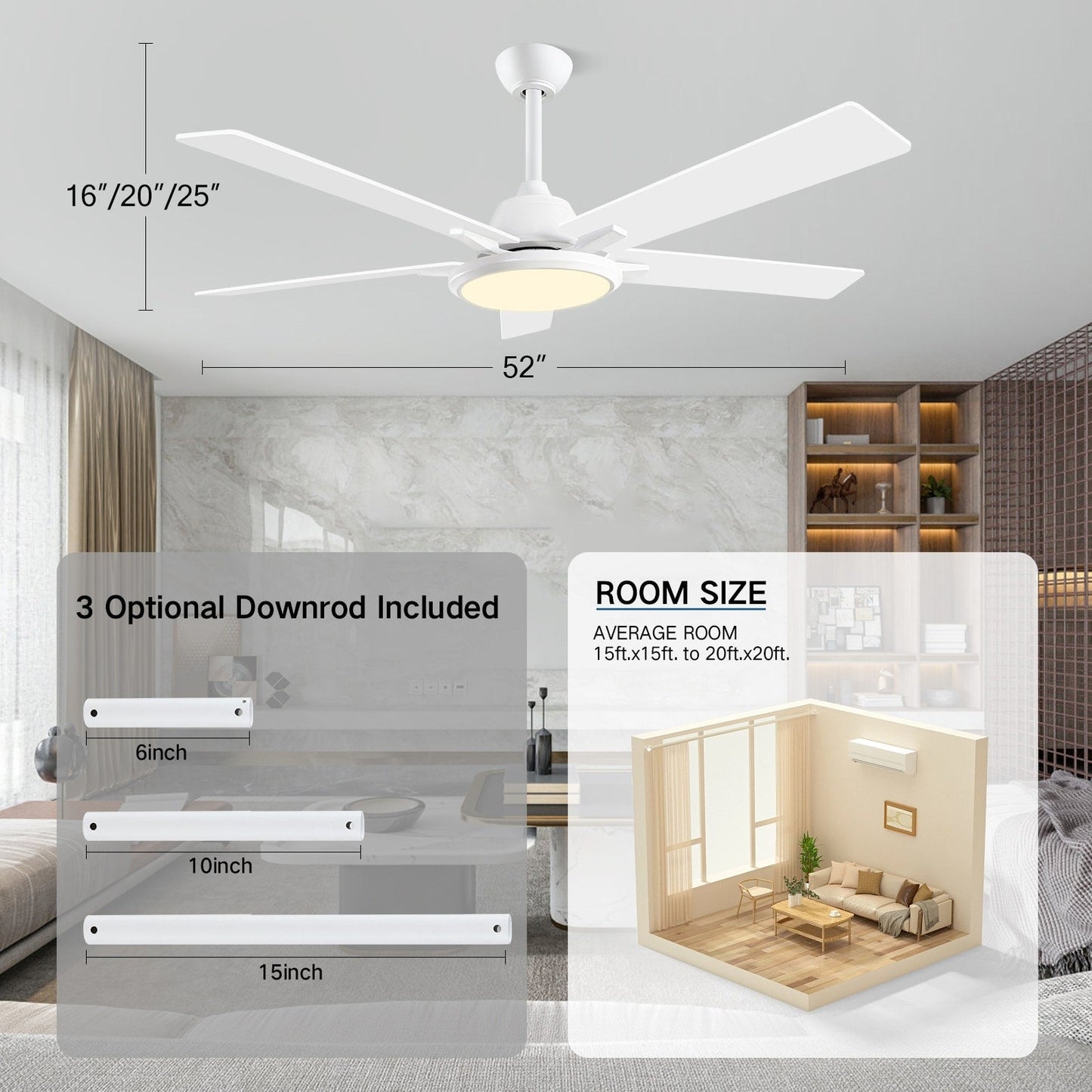 52 Ventilateurs de plafond modernes avec lumières et télécommande, LED à intensité variable