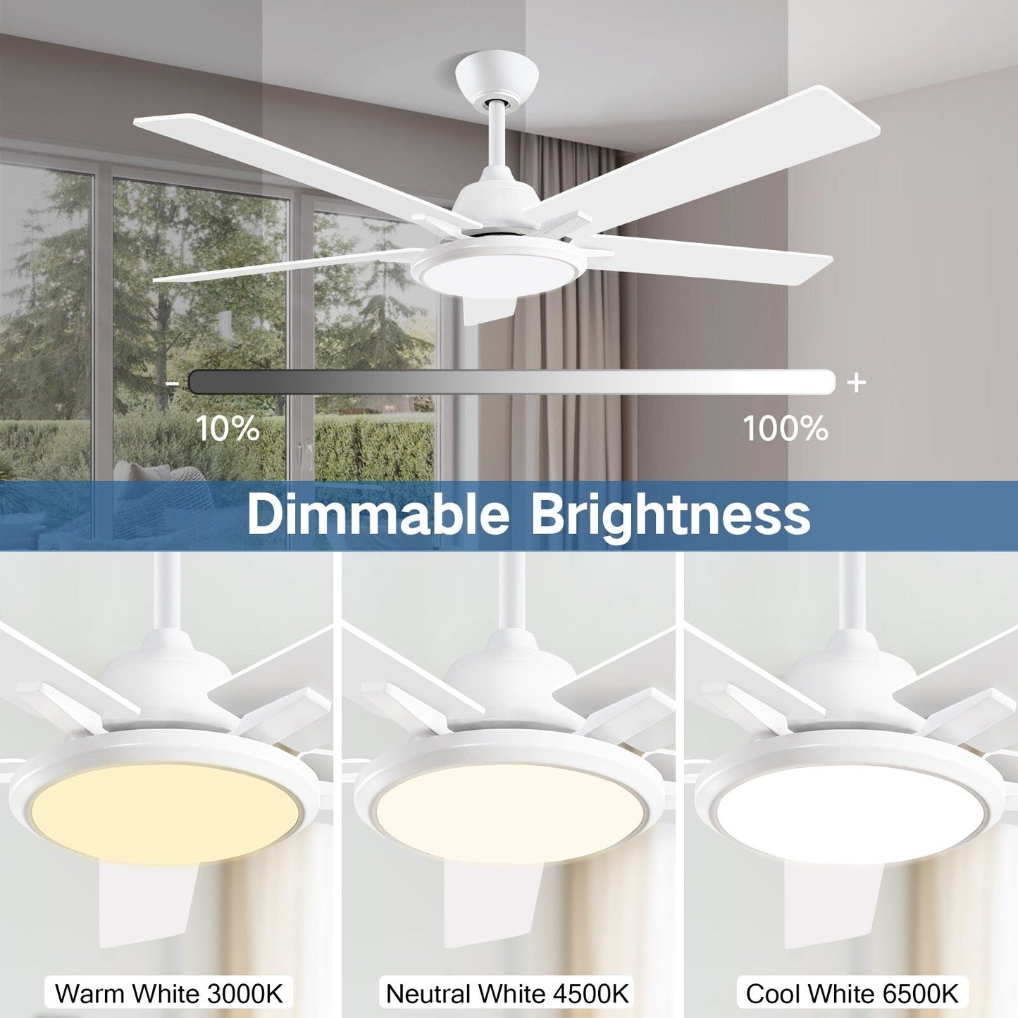 52 Ventilateurs de plafond modernes avec lumières et télécommande, LED à intensité variable