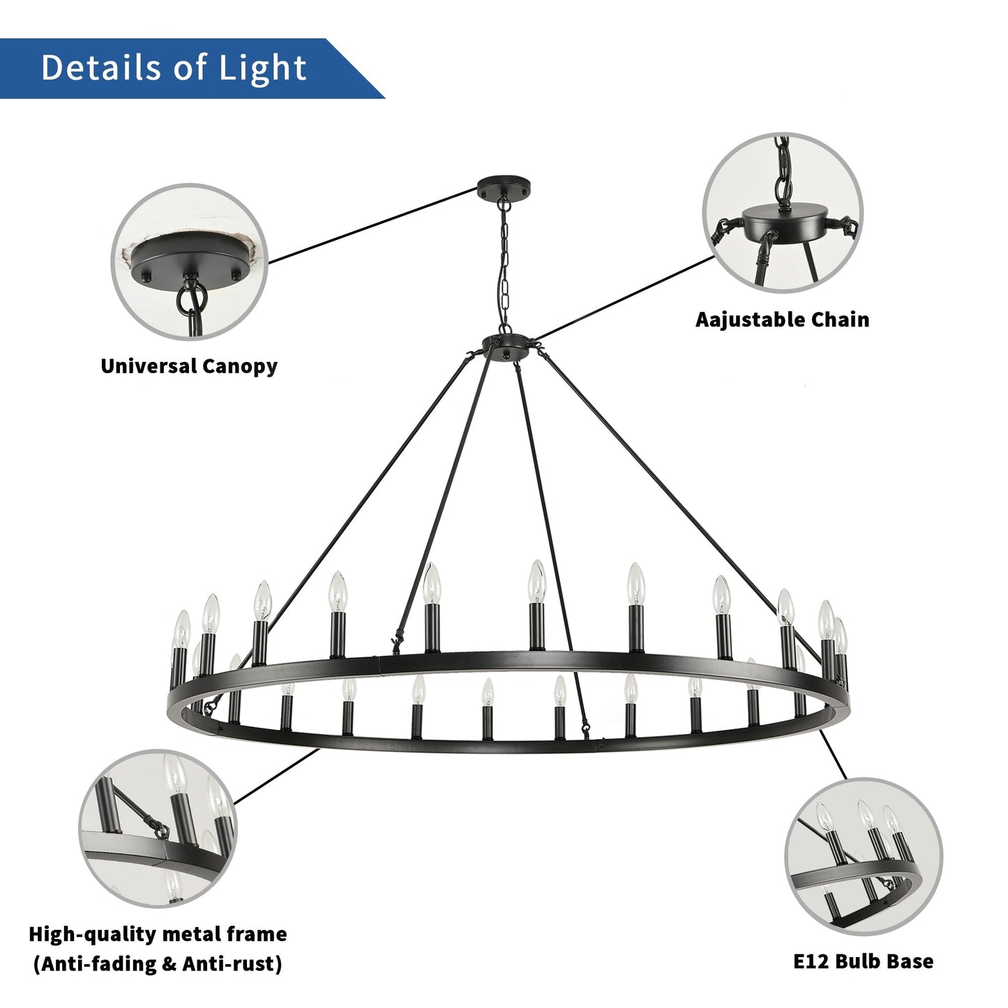 Luminaire à 24 lumières en forme de roue de chariot ronde de 54 pouces