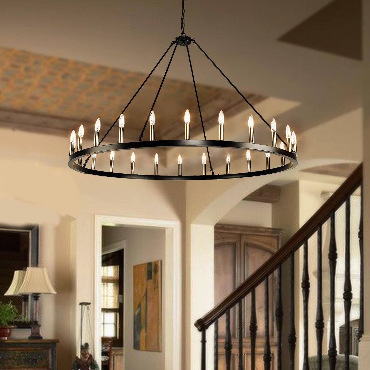 Luminaire à 24 lumières en forme de roue de chariot ronde de 54 pouces