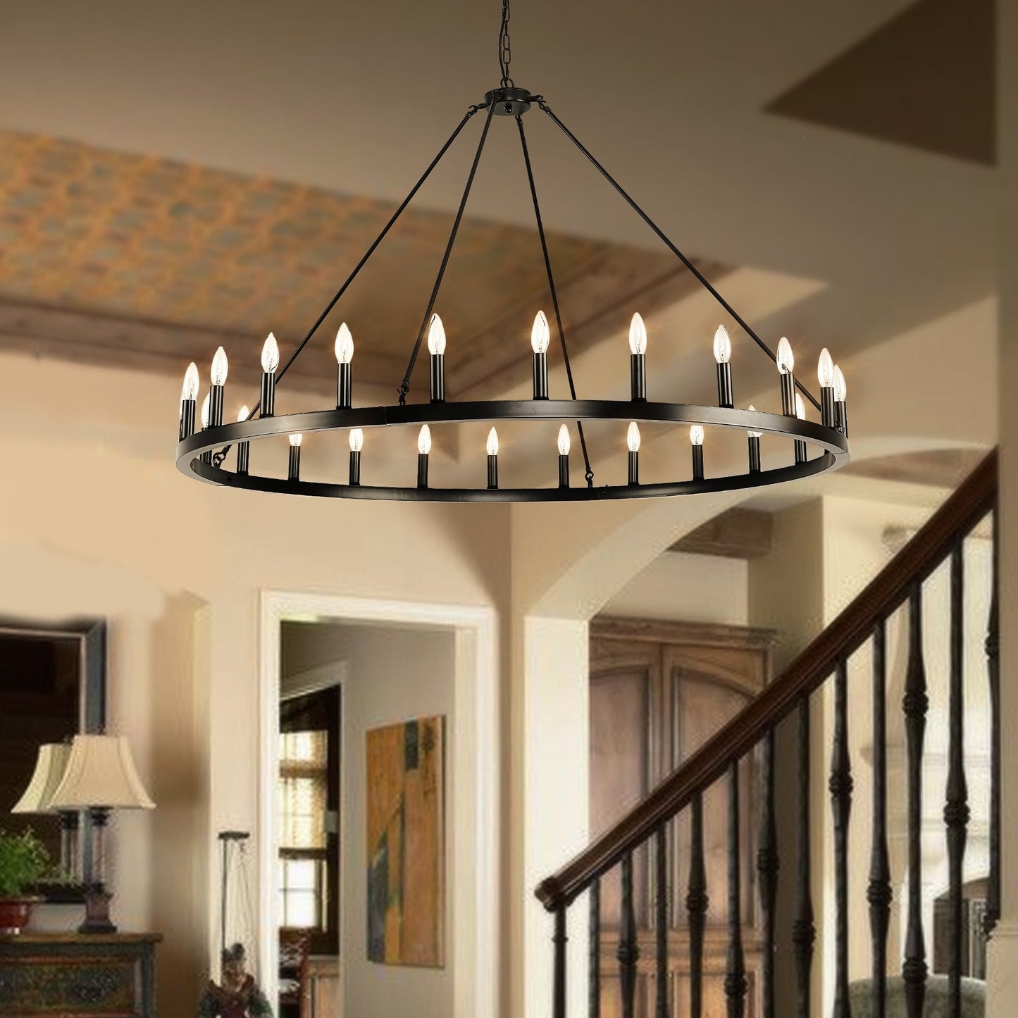 Luminaire à 24 lumières en forme de roue de chariot ronde de 54 pouces
