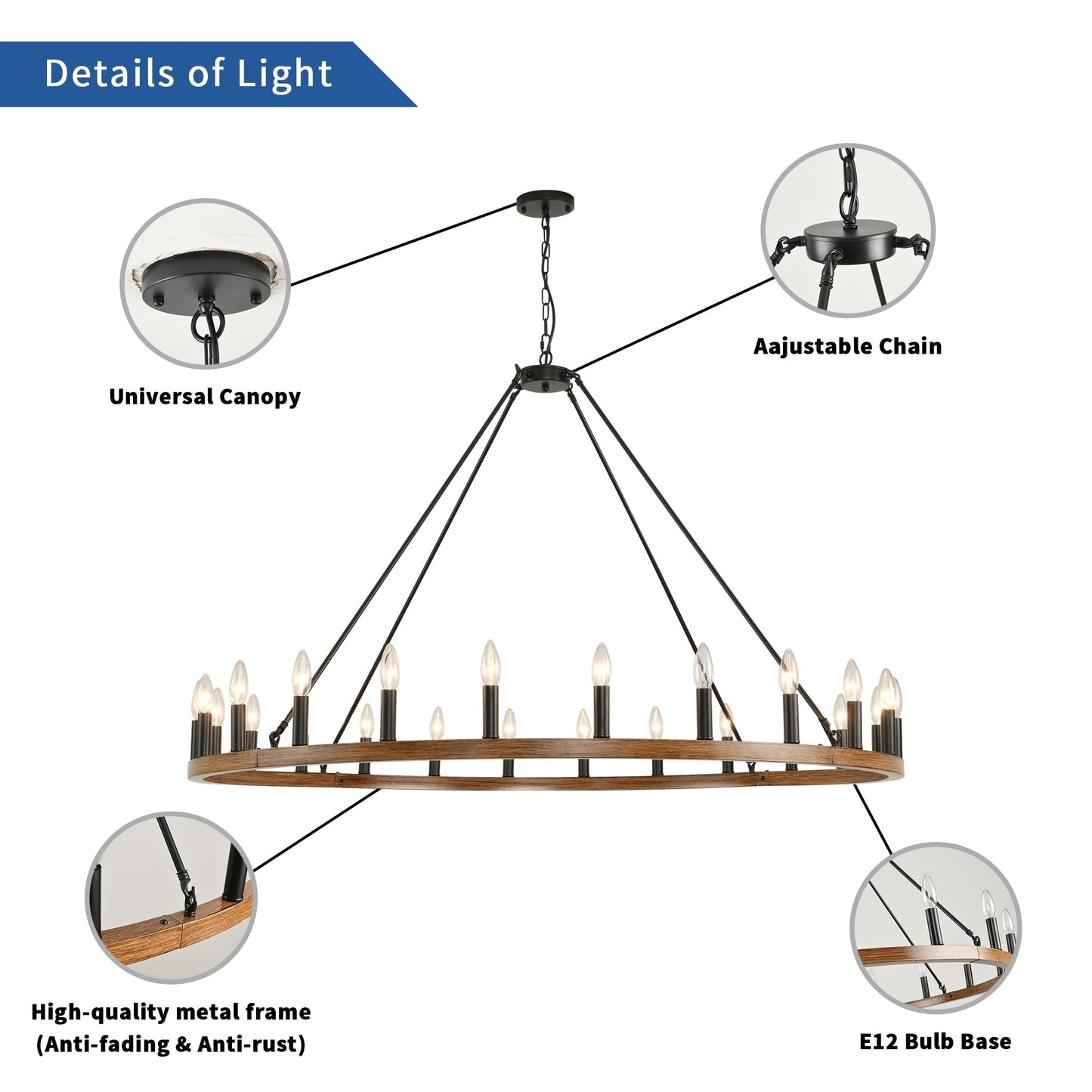Luminaire à 24 lumières en forme de roue de chariot ronde de 54 pouces