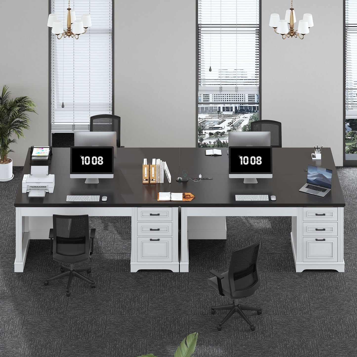 Bureau de direction style farmhouse, bureau de travail pour la maison, tiroir à dossiers, support de moniteur, prise de courant.