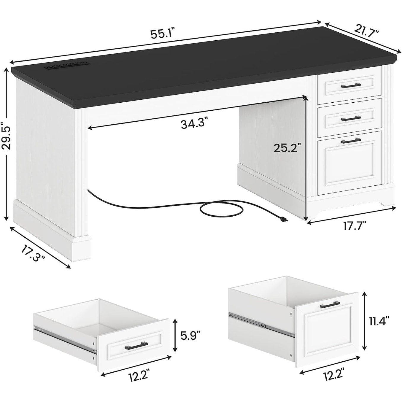 Bureau de direction style farmhouse, bureau de travail pour la maison, tiroir à dossiers, support de moniteur, prise de courant.