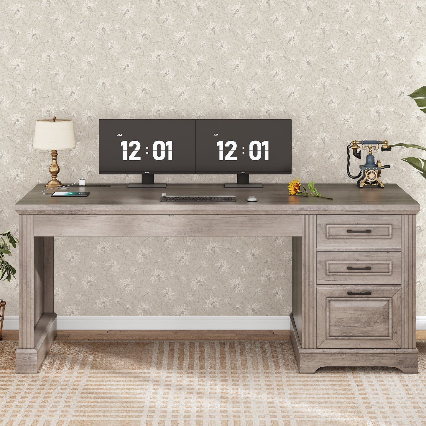 Bureau de direction style farmhouse, bureau de travail pour la maison, tiroir à dossiers, support de moniteur, prise de courant.