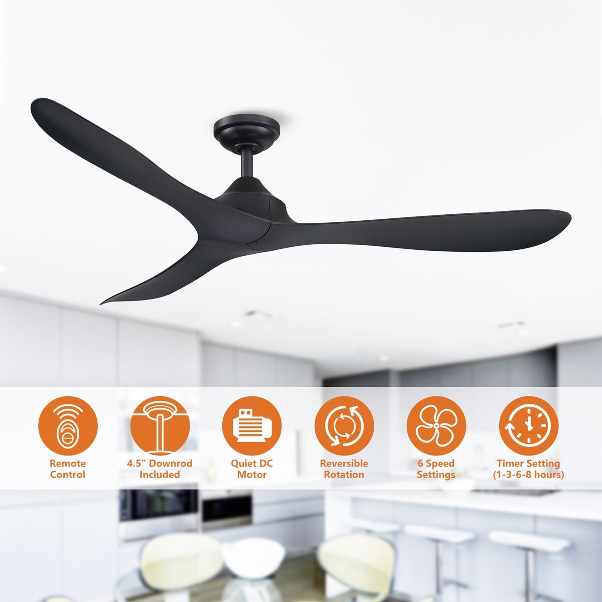 Ventilateur de plafond à courant continu à 3 pales, noir moderne, 56 pouces, avec télécommande.