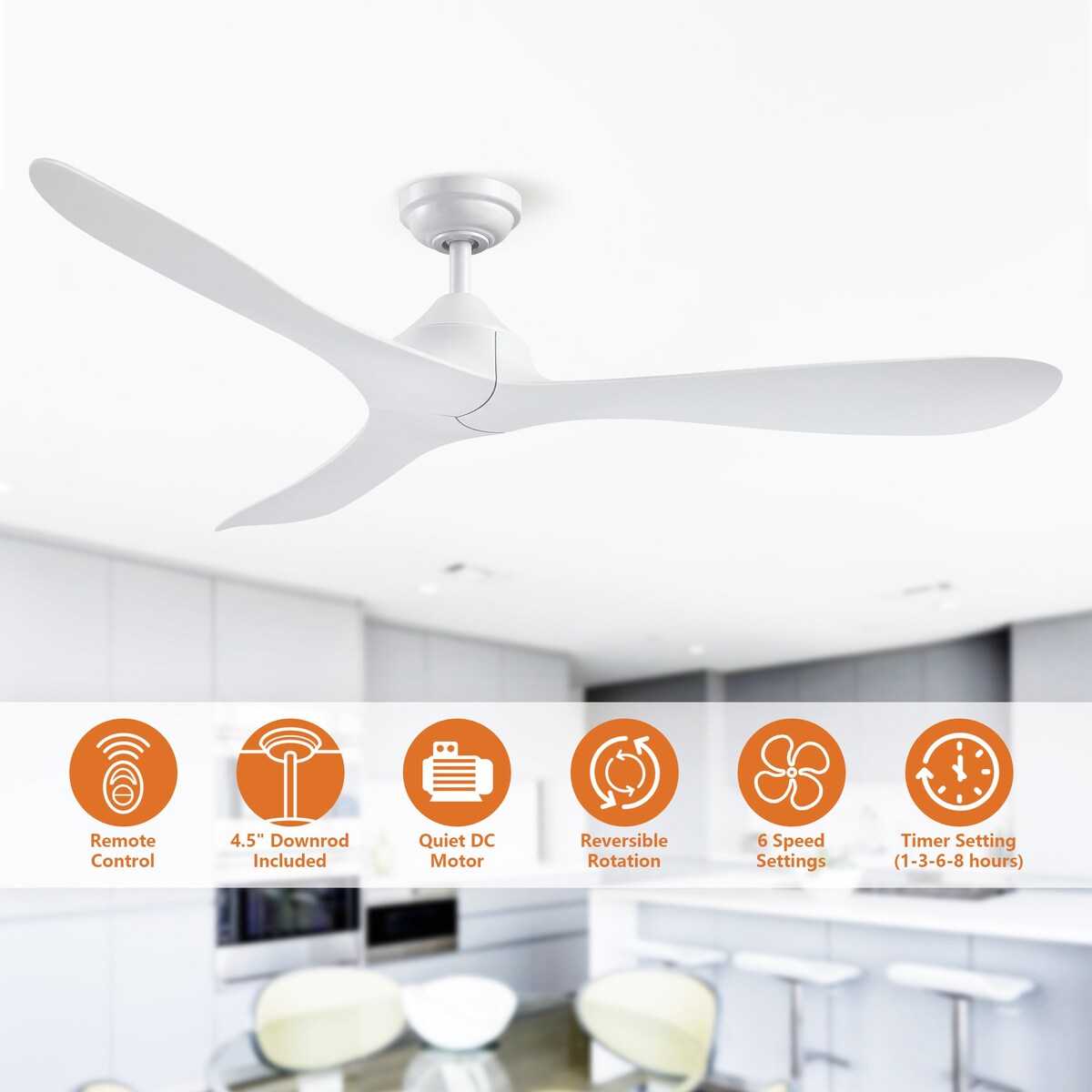 Ventilateur de plafond à courant continu à 3 pales, noir moderne, 56 pouces, avec télécommande.