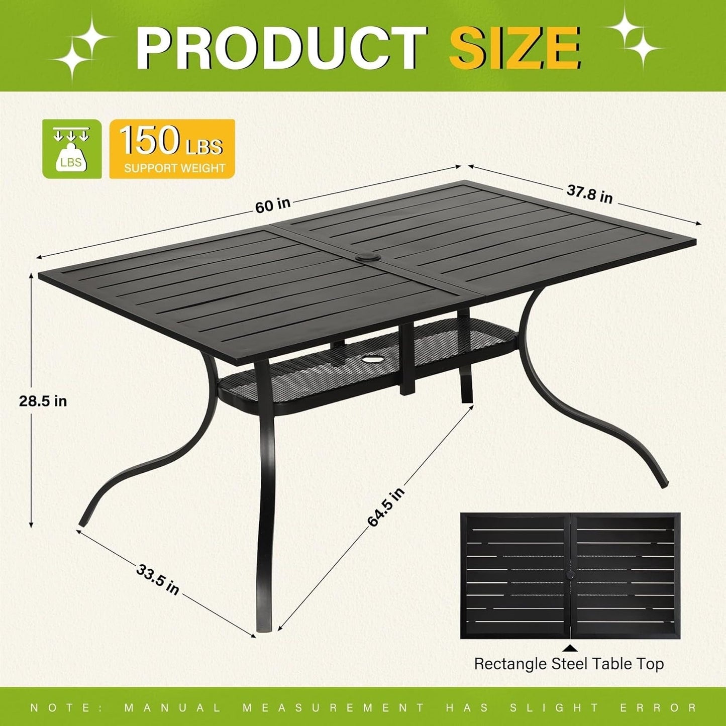 Table rectangulaire de jardin en métal à lattes avec trou pour parasol, 60 x 37 pouces, pour 6 personnes.