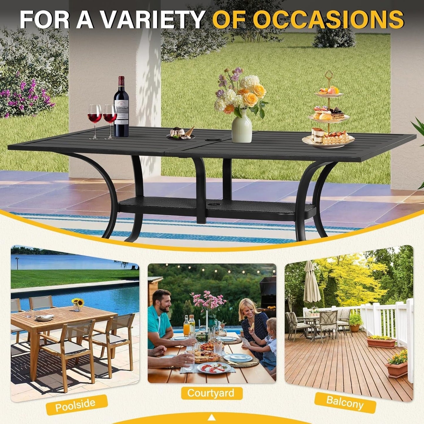 Table rectangulaire de jardin en métal à lattes avec trou pour parasol, 60 x 37 pouces, pour 6 personnes.