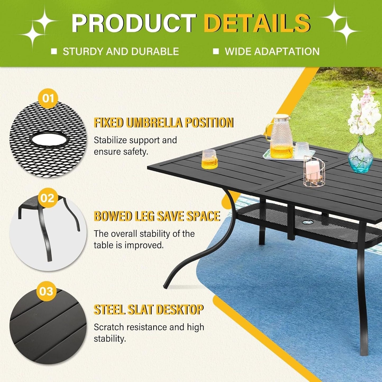 Table rectangulaire de jardin en métal à lattes avec trou pour parasol, 60 x 37 pouces, pour 6 personnes.
