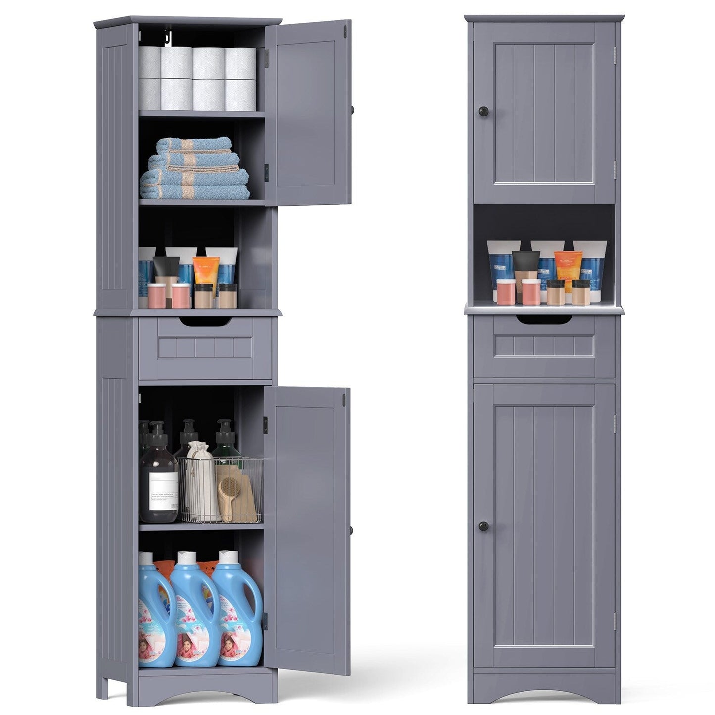 Armoire à linge de salle de bain étroite de 170 cm de hauteur, armoire de rangement autoportante en bois massif à 5 niveaux.