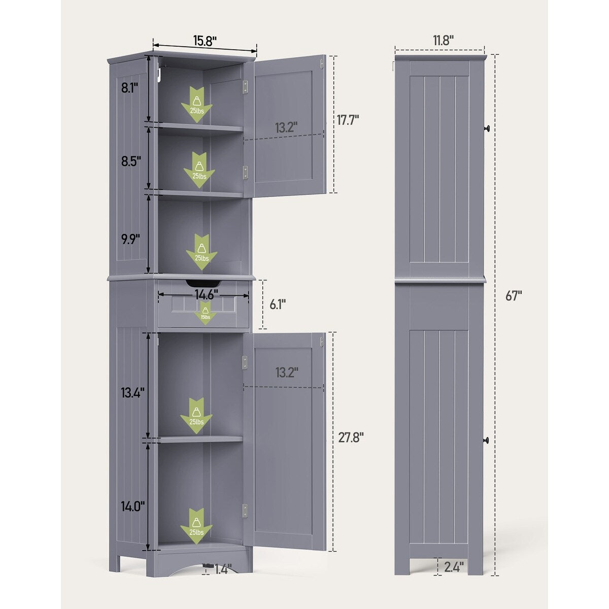 Armoire à linge de salle de bain étroite de 170 cm de hauteur, armoire de rangement autoportante en bois massif à 5 niveaux.