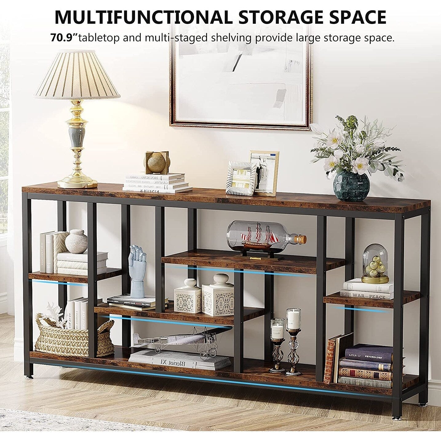 Table console de 180 cm avec rangement, table d'entrée à 3 niveaux pour couloir