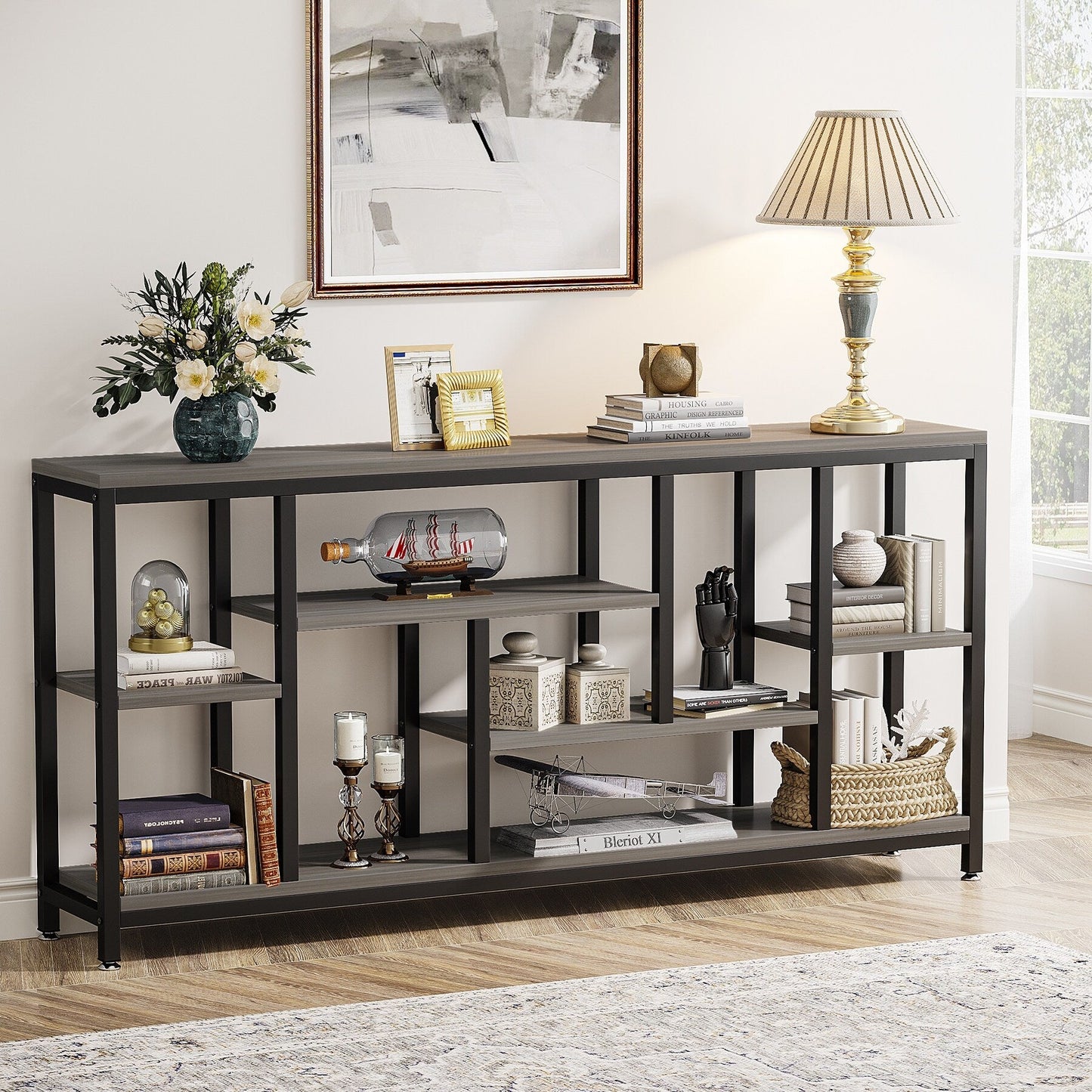 Table console de 180 cm avec rangement, table d'entrée à 3 niveaux pour couloir