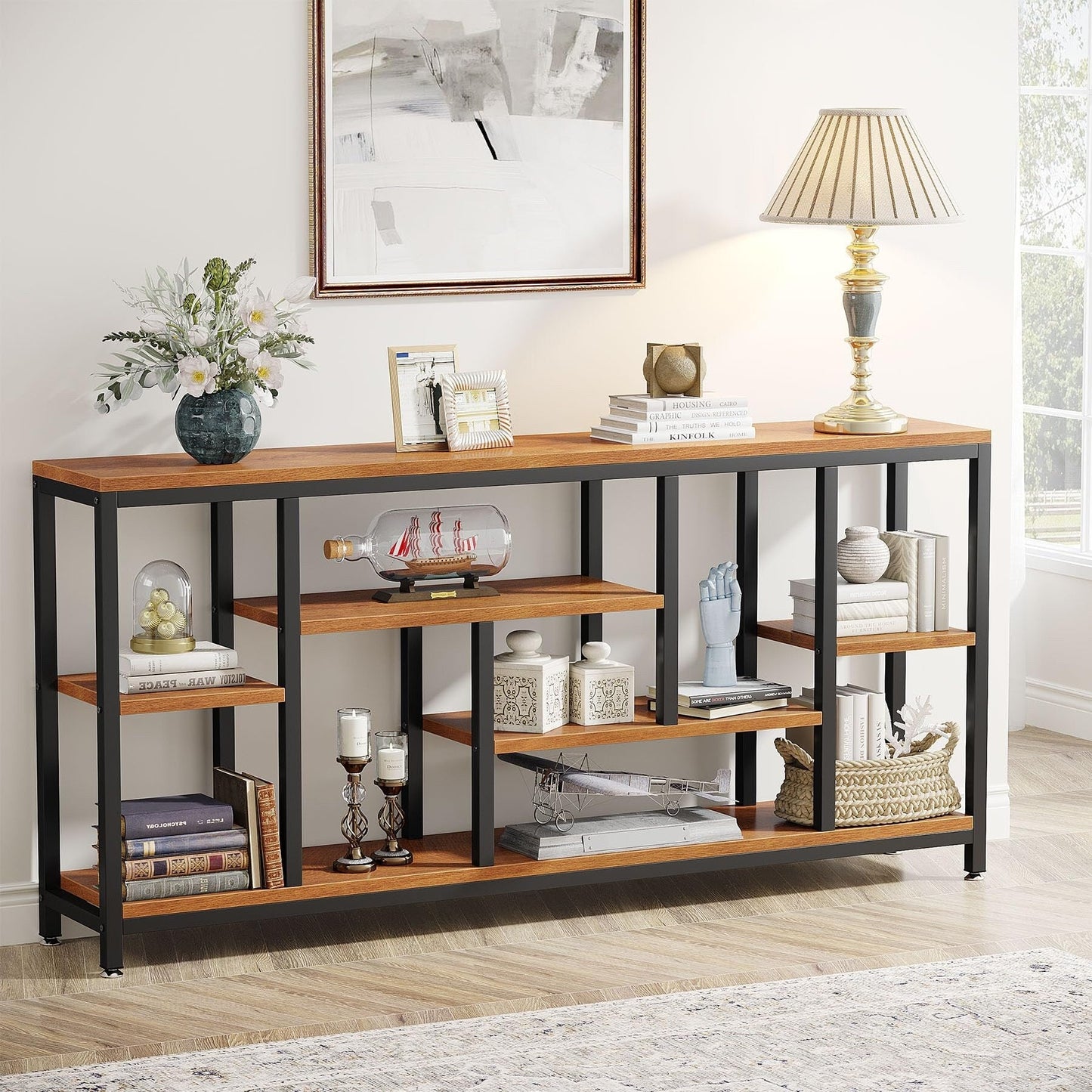Table console de 180 cm avec rangement, table d'entrée à 3 niveaux pour couloir