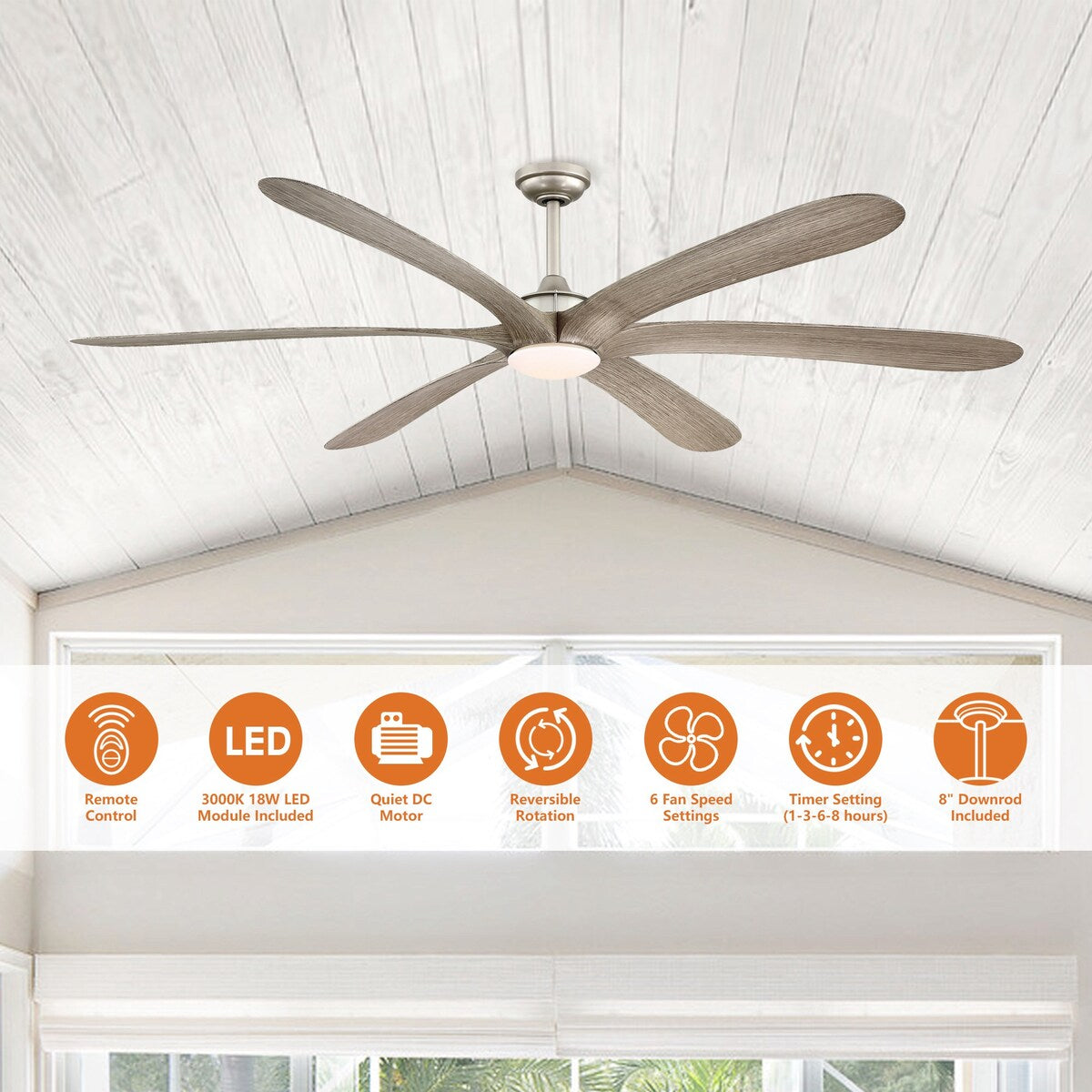 Ventilateur de plafond DC à 6 pales de 183 cm (72 pouces) en bois flotté avec éclairage et télécommande