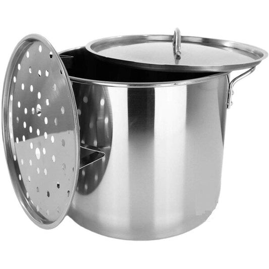 Grande marmite en acier inoxydable de 80 QT avec panier vapeur, modèle robuste.