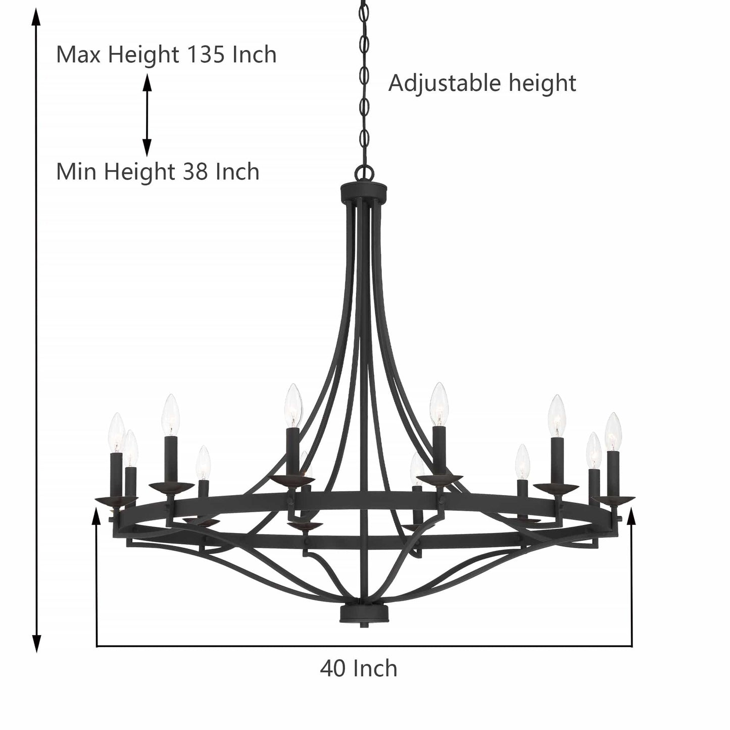 Luminaire à 12 lumières Fidenza, style ferme moderne, en forme de roue de chariot d'empire, avec certification UL - Diamètre 40'' * Hauteur 135''
